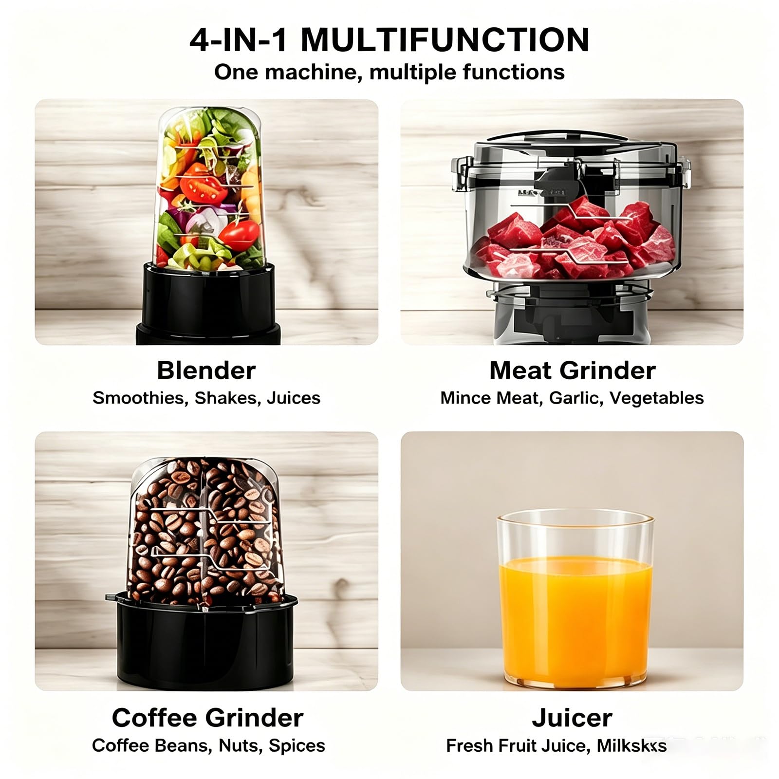 Frullatore E Robot Da Cucina Compatto 4-In-1, Spremiagrumi Portatile Da 400w for Smoothie, Tritacarne E Macinacaffè, Caraffa 0,8 L for Frullati, Tritatura E Macinatura Di Frutta Secca