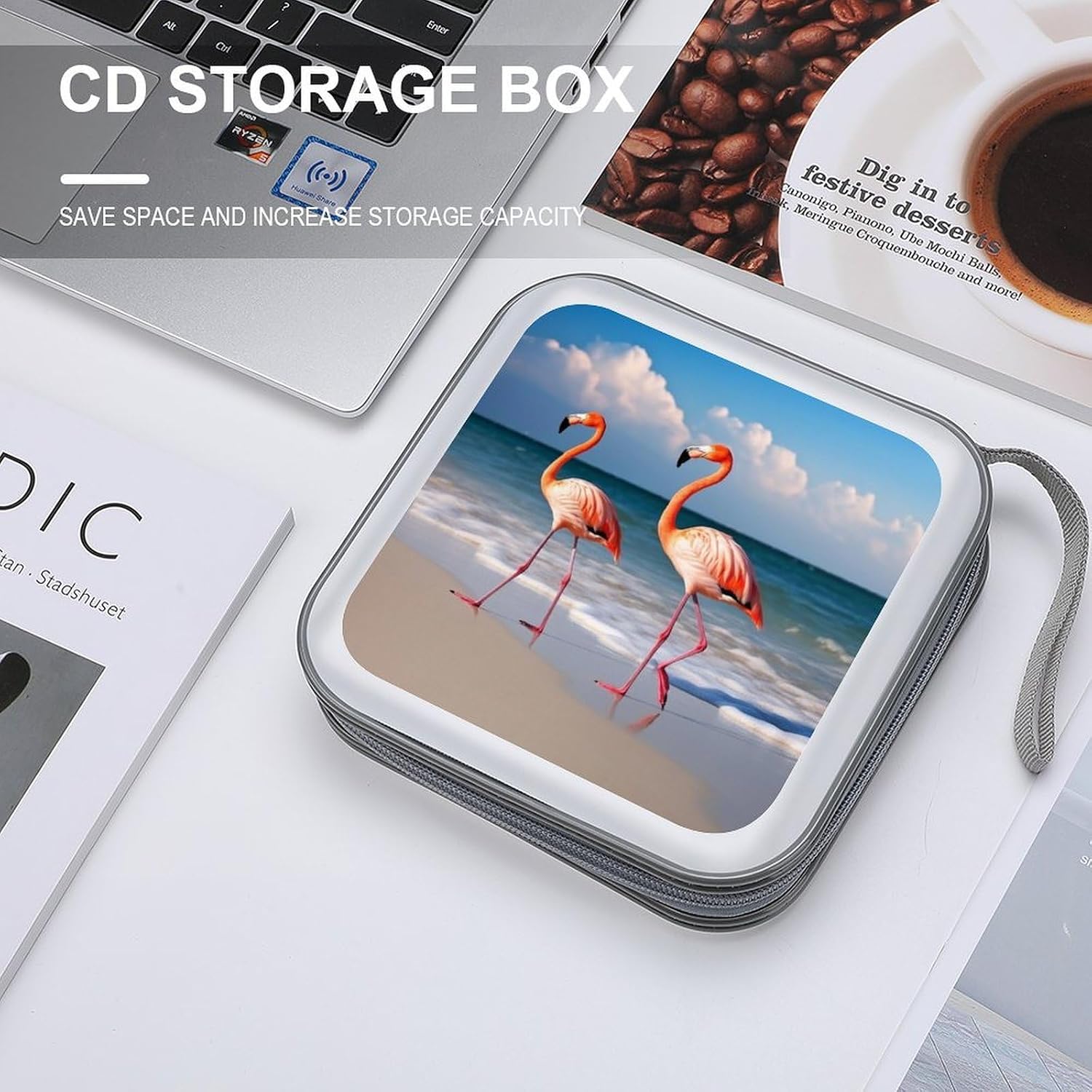 40-sheet Capacity CD Case Storage Bag,Flamingo On The Beach Printed Large Capacity CD Protective Storage Organizer Portable DVD Case for Car, Home,Office,Travel