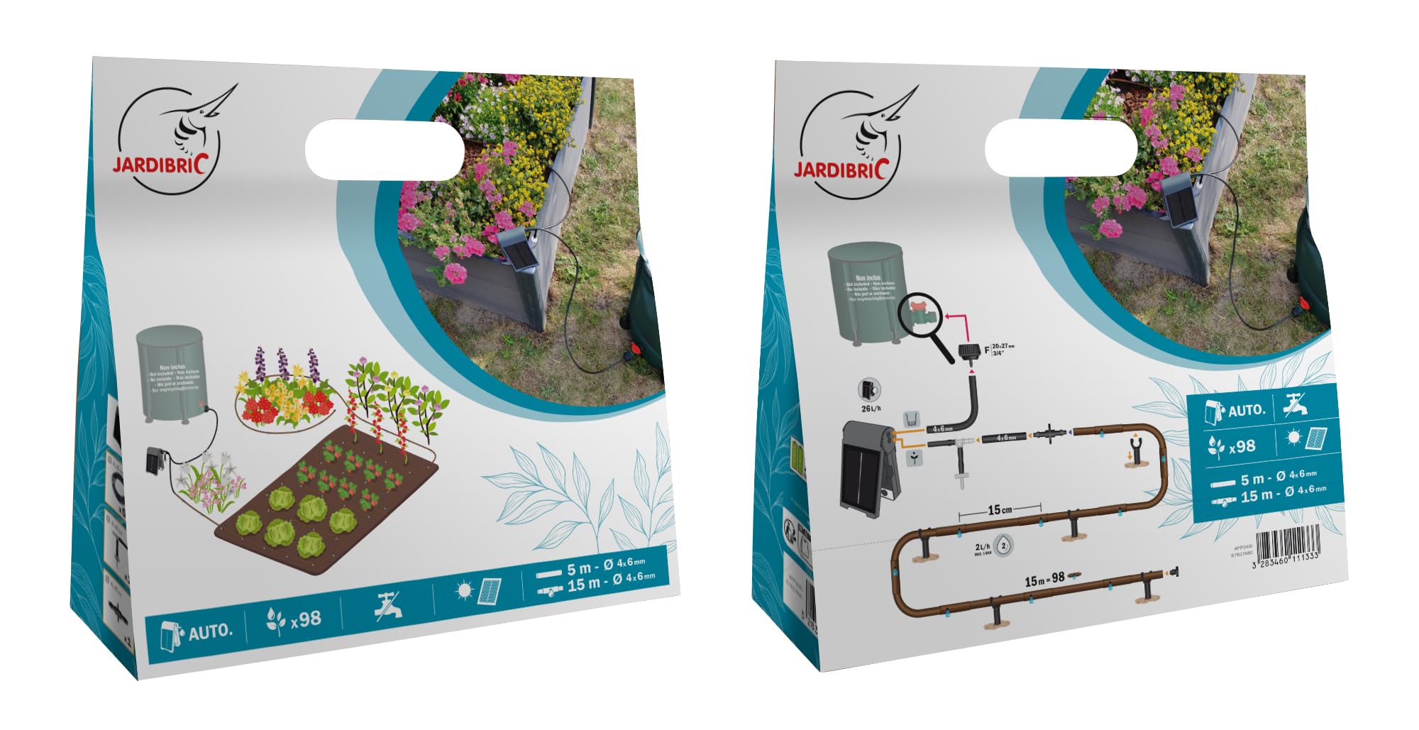 Jardibric – Kit de riego por goteo solar 15 m – Bomba programable – Independiente sin electricidad