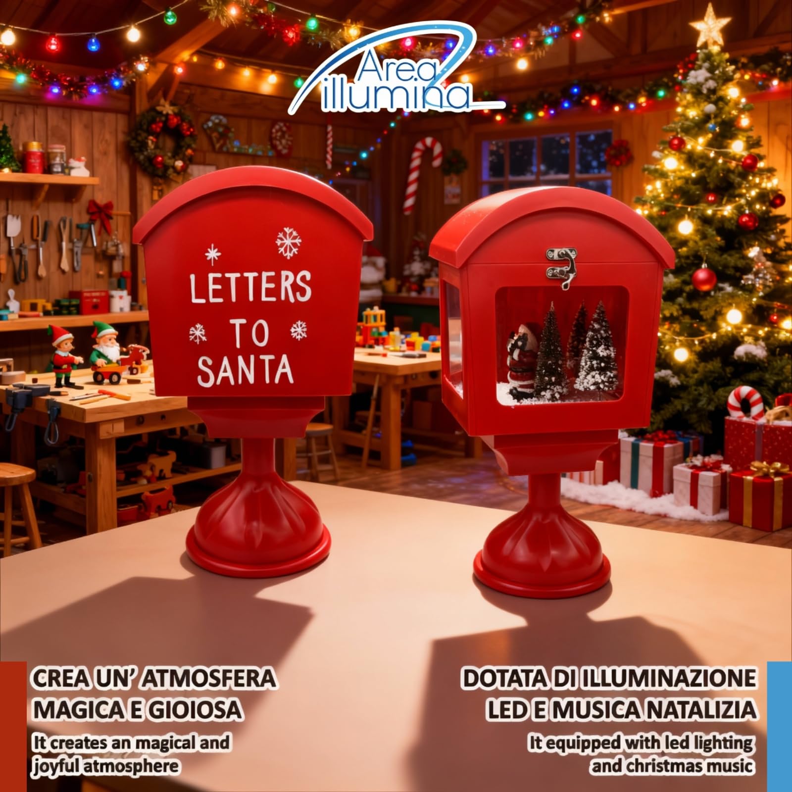 Cassetta Posta di Santa Claus Rossa con LED, Musica e Neve – Decorazione Natalizia Luminoso e Musicale per Casa, Vari Modelli (Cassetta con Piede)
