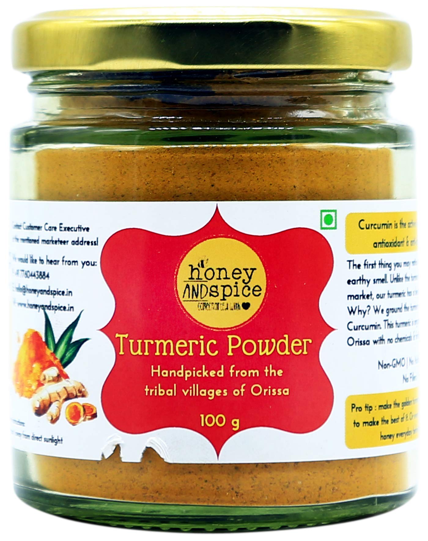Honey and Spice High Curcumin Turmeric (100g) | Glass Jar Packaging | Haldi Powder | Ideal for Eating, Drinking, Cooking | Natural and Fresh