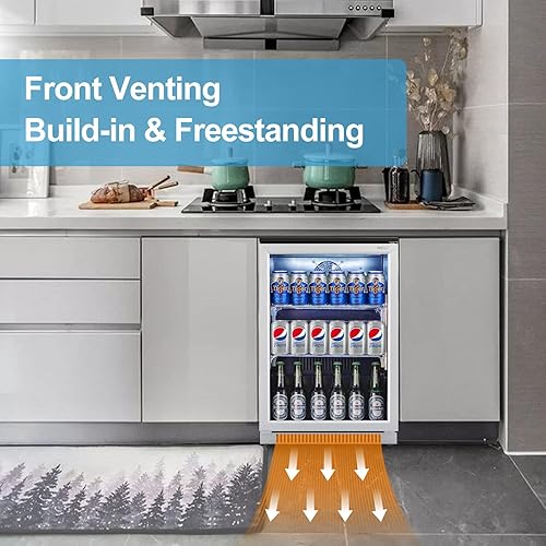 Miniatura 4 de WEILI Refrigerador de bebidas de 20 pulgadas con puerta de vidrio, mini refrigerador de 120 latas con luz LED azul para vino de cerveza de soda,