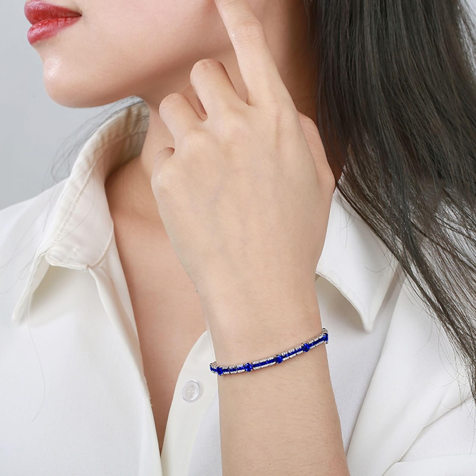 Pulsera Mujer Oro Blanco 9K / 14K / 18K, Oval con Zafiro Creado de 5,91 ct y Diamante, Cadena 16 CM, Pulseras de Mujer de Plata Azul