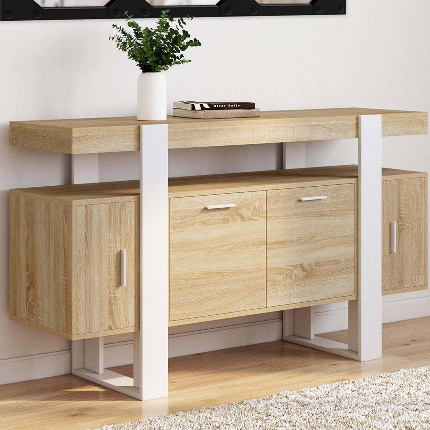 IDMarket - Aparador Phoenix 140 cm de 4 Puertas, Madera y Blanco