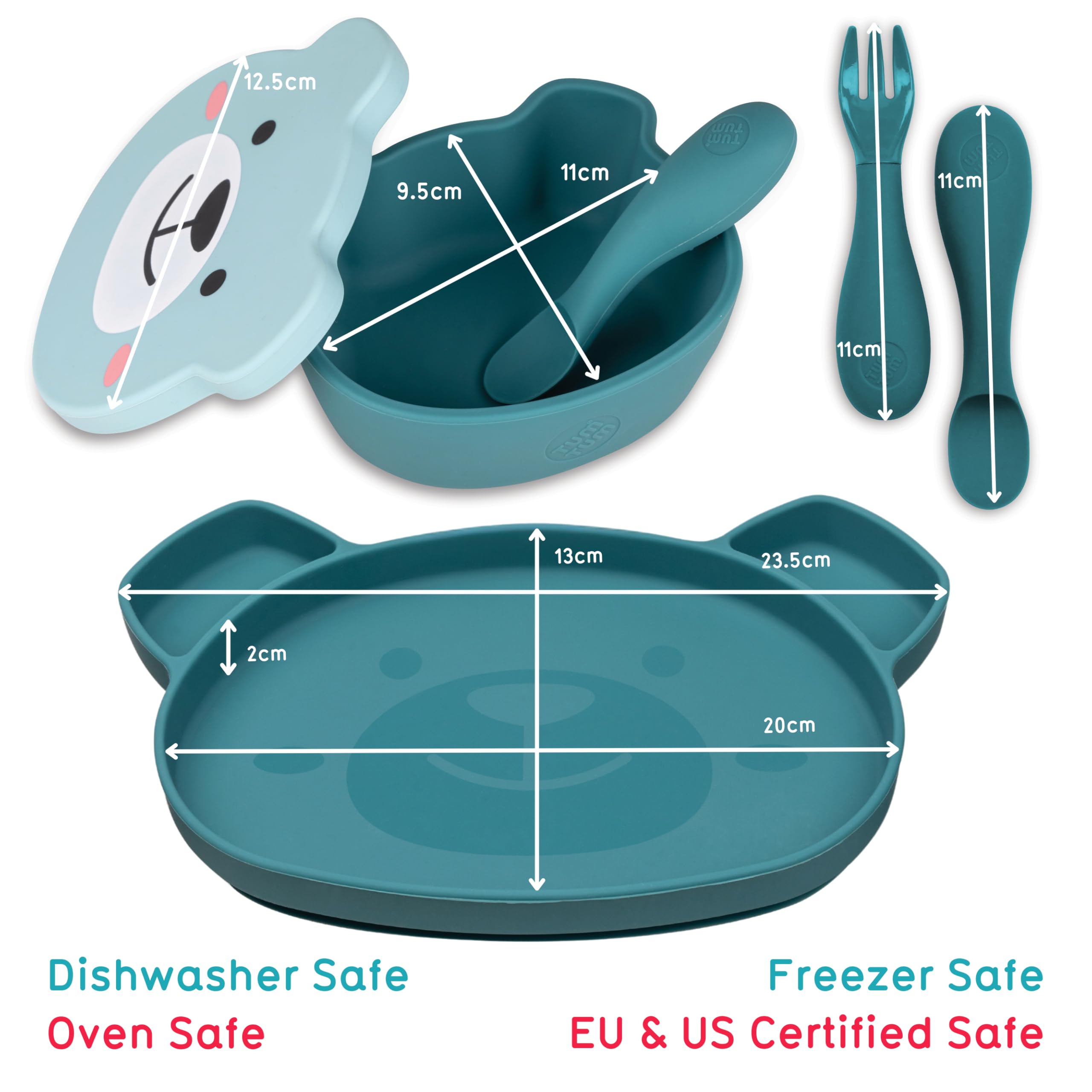 TUM TUM Set Plato de Bebé con Ventosa, Cuenco de Bebé y Cubiertos de Bebé - 6m+, El Oso Boris, Azul