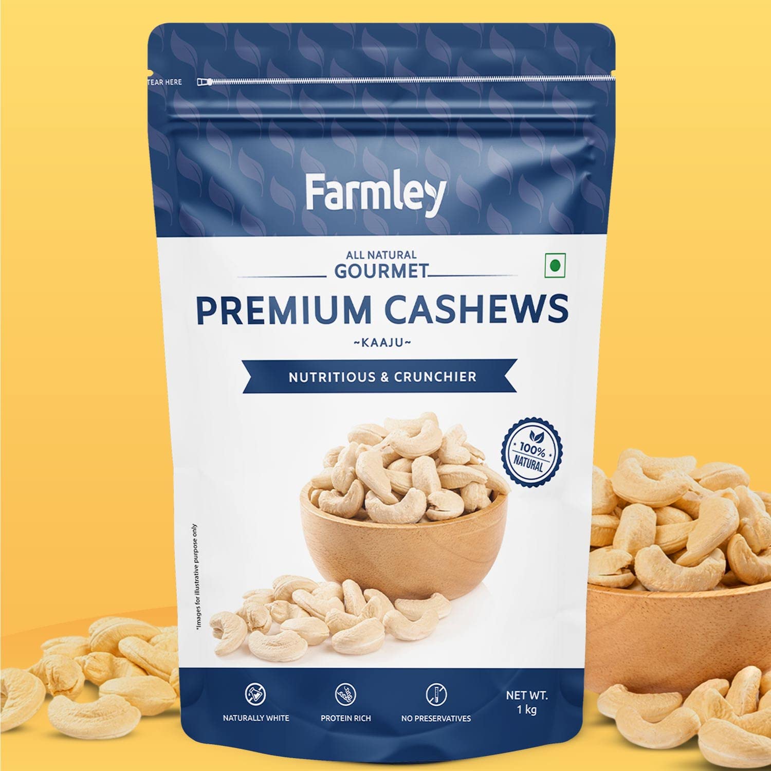 Farmley Natural & Premium W320 Lot de 1 kg de noix de cajou entières | Fruits secs Kaju | Riche en protéines, nutritives et croustillantes | Blanc naturel & sans conservateurs