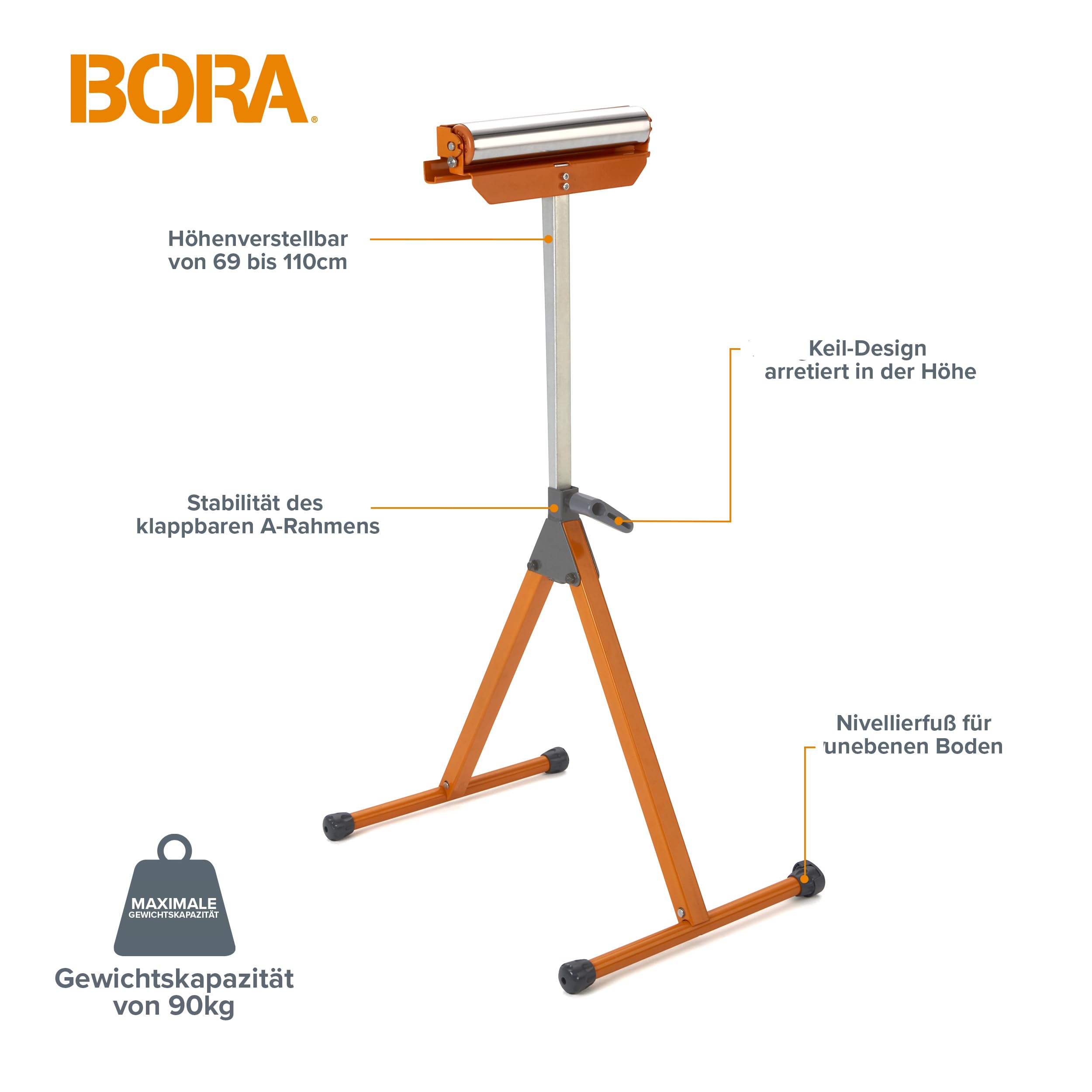 BORA Portamate PM-5090 Rollenstütze mit 29,8 cm Kugellager, verstellbar, Stahlrolle