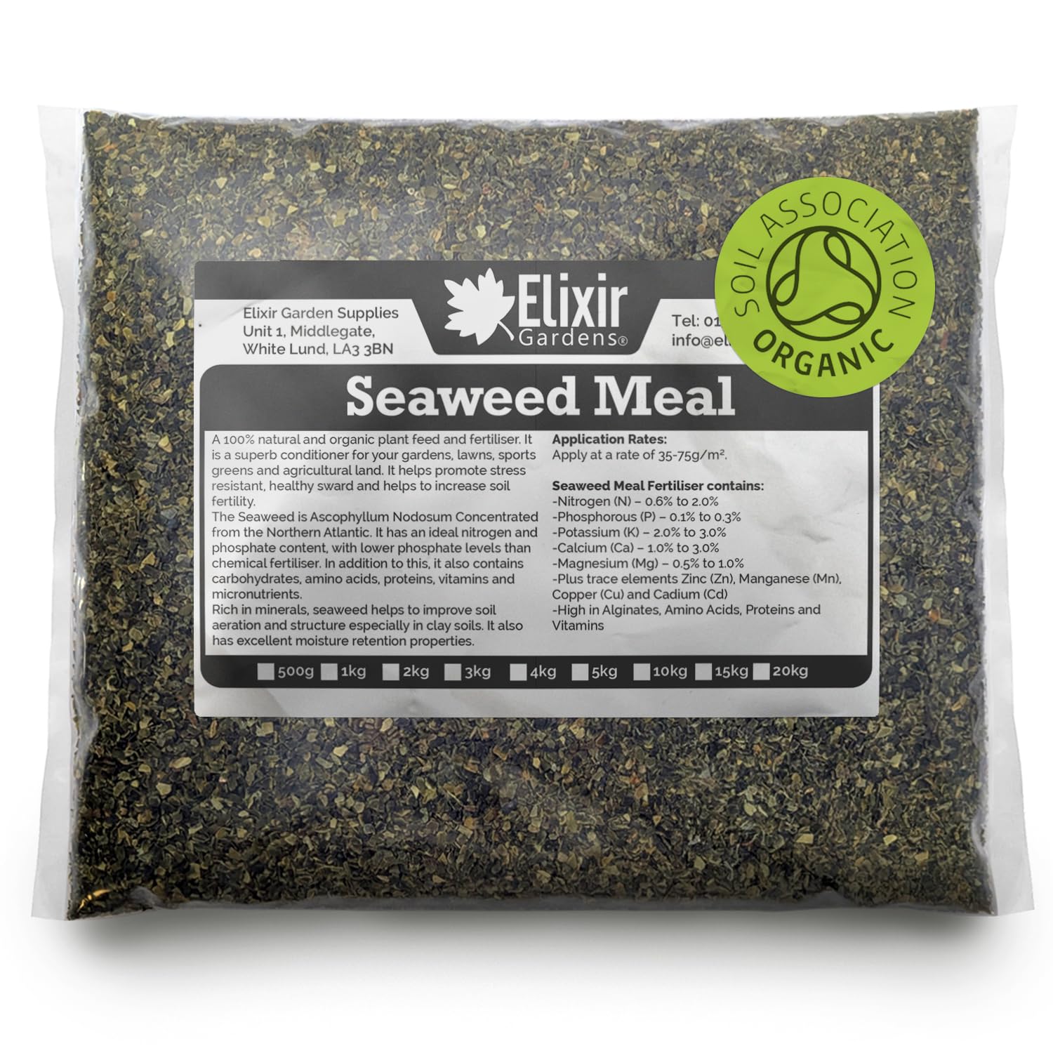Elixir Gardens | Organic Seaweed Meal Fertiliser/Soil Improver | 500g - 25kg Available in a Bag or Tub | 15kg Bag