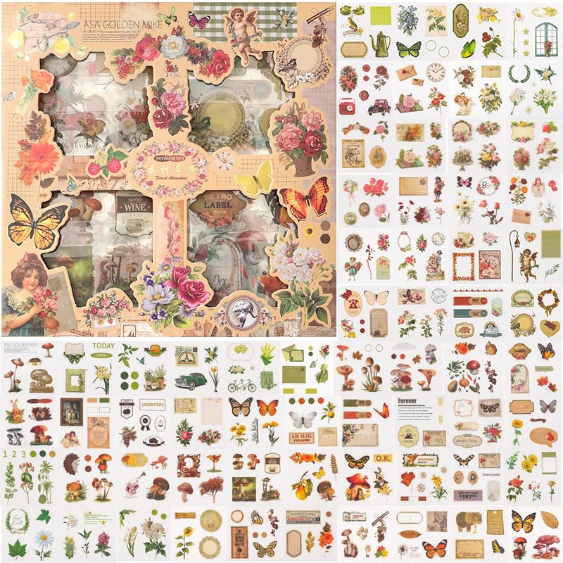 Vintage Scrapbook Stickers - 500 Pieces (100 Sheets) Transparent Stickers for Journaling & Scrapbooking - Butterfly, Flowers, Plant Designs