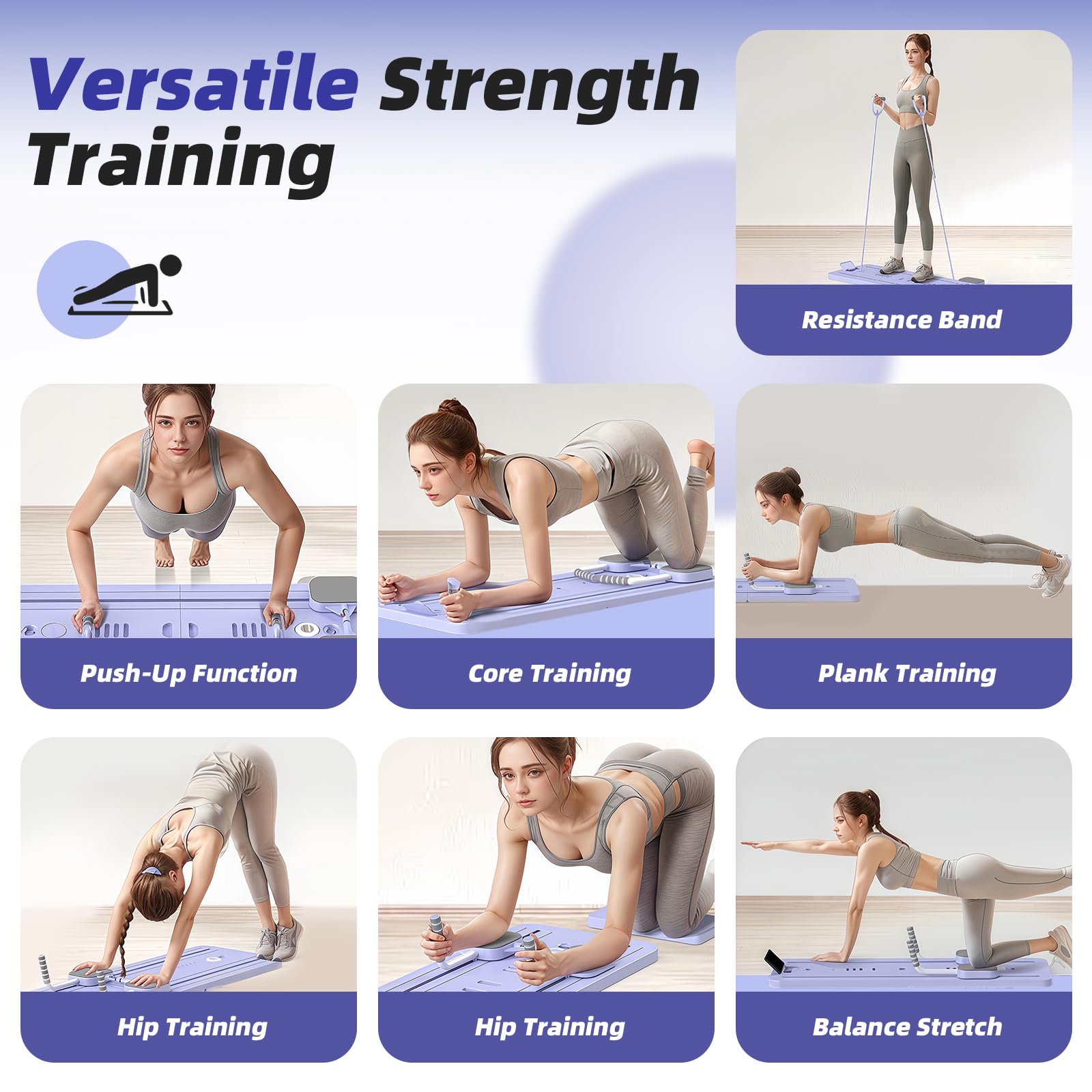 Pilates Reformer, Pilates Board Pieghevole, Tavola da Pilates Multifunzione per Casa con Macchina per Esercizi Addominali Rimbalzo Automatico, Supporto per Pompes e Corda Elastica