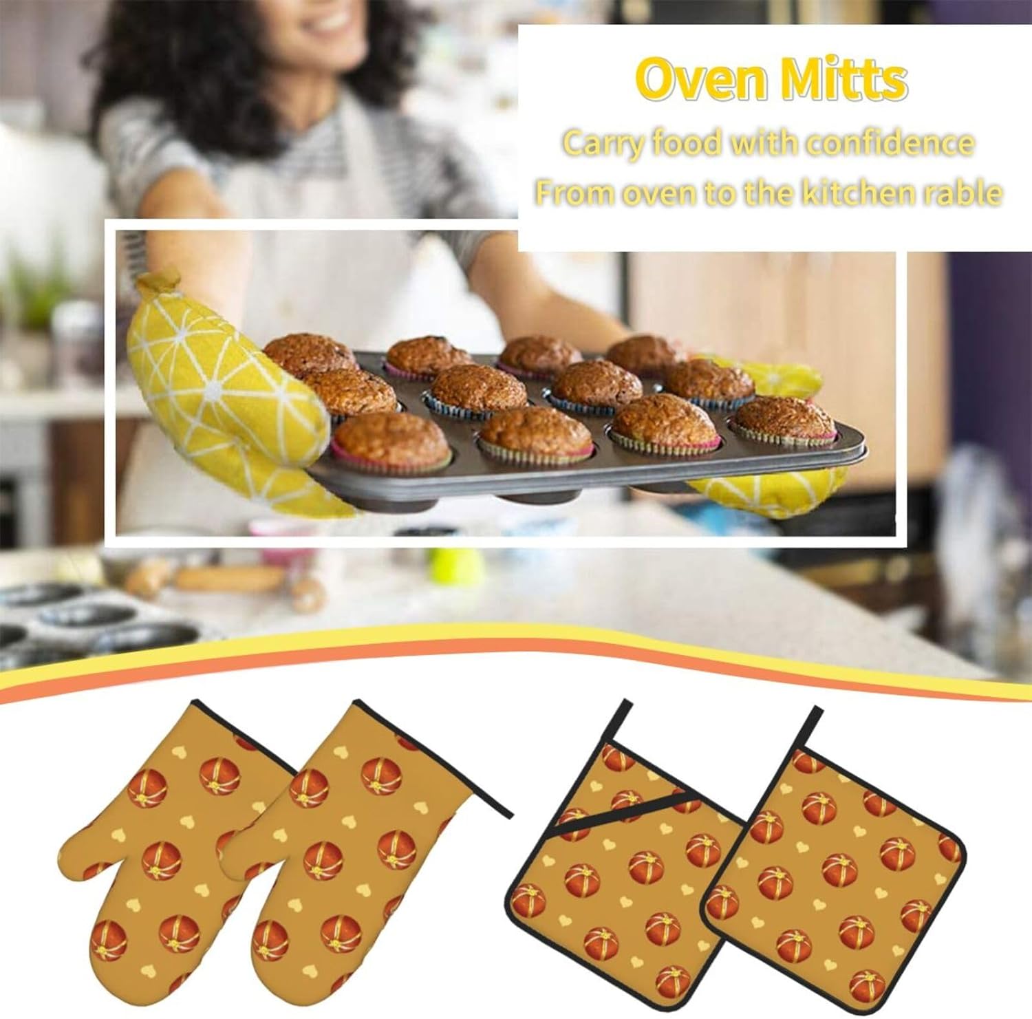 Buttered Bread Oven gloves and heat-resistant mat 4-piece set. Suitable for grilling, microwave oven frying, and baking