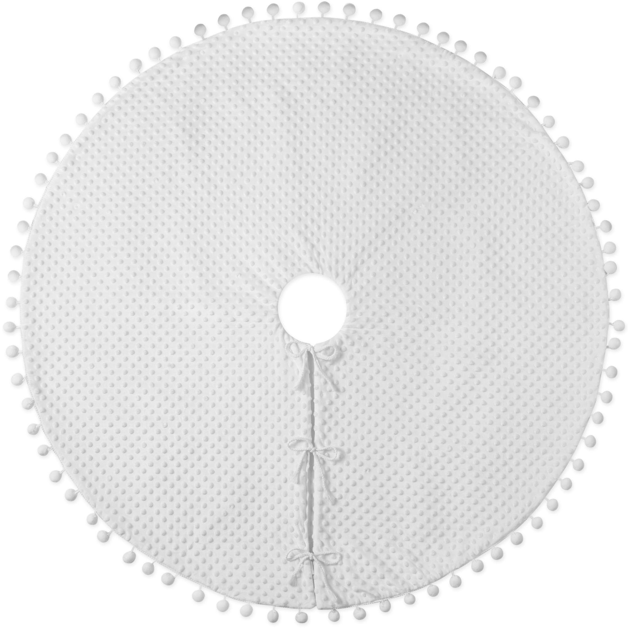 60-Inch Snowy White Christmas Tree Skirt with Fluffy Pom-Poms and Elegant Lace Ties
