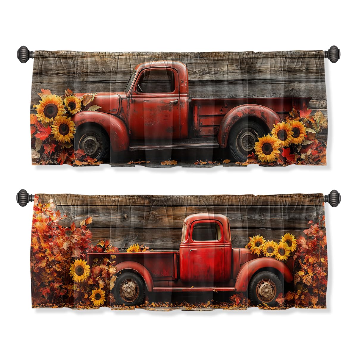 Wssklovj Vintage Truck Valance Curtain for Windows 2 Pack Farmhouse Sunflower Autumn Rustic Rod Pocket Printed Curtain Valances Short Tier Curtains