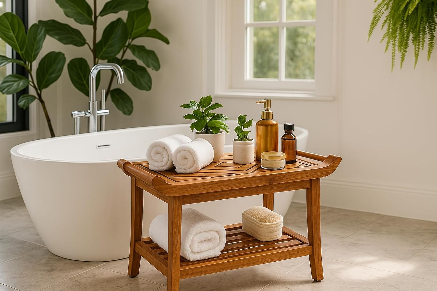 Luxury Teak Shower Bench Stool Seat Chair with Leveling Feet, Waterproof, Teak Oil Finish, Large, 25x19x14, for Bathroom, Spa, Sauna, Pool Deck, Patio, Garden, RV, from Our Diamond Collection