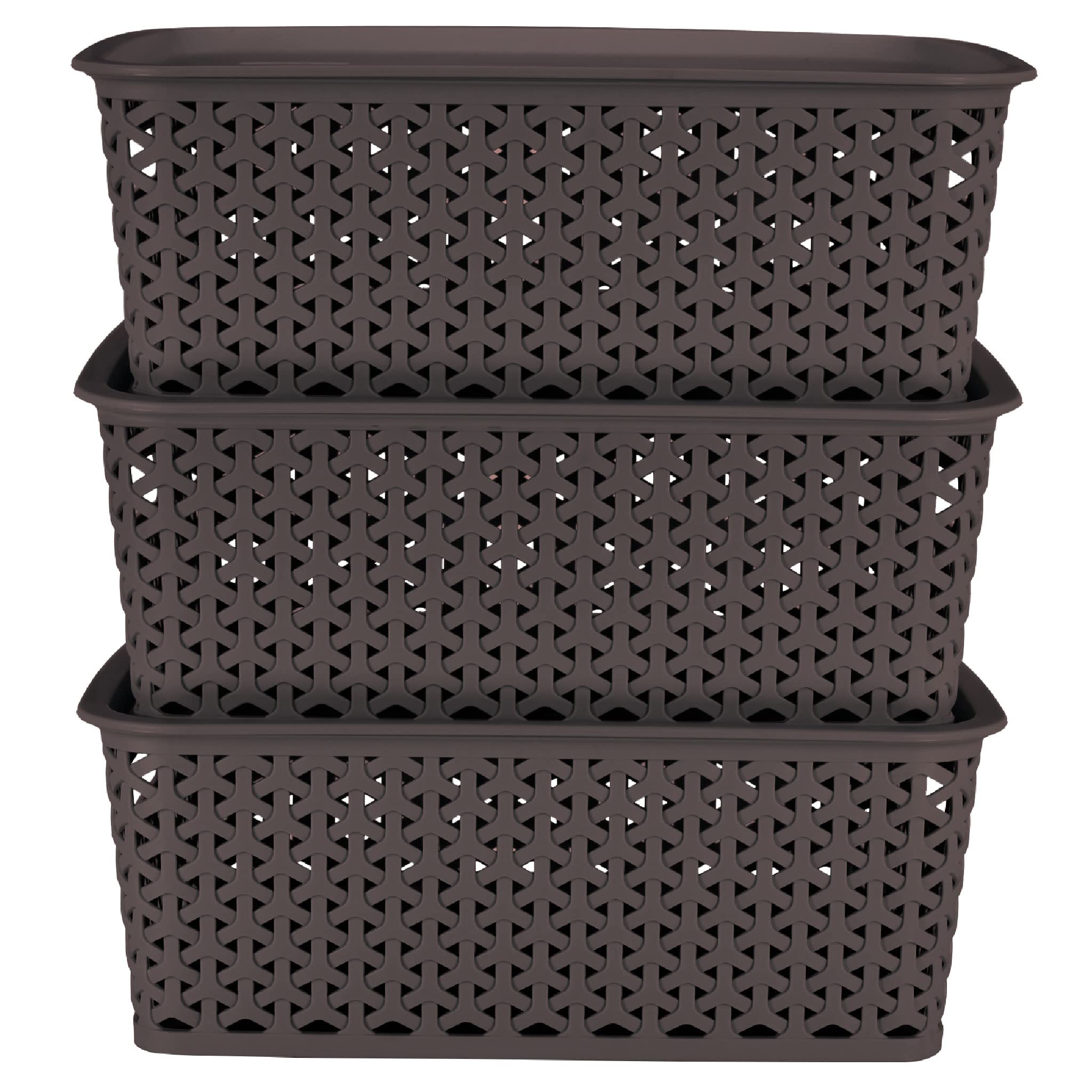 Royal Basket Medium (Pack of 3 With lids) Multipurpose Plastic Storage Rectangular Baskets For Cloths Toys Wardrobe Home Kitchen & Livingroom I DARK BROWN