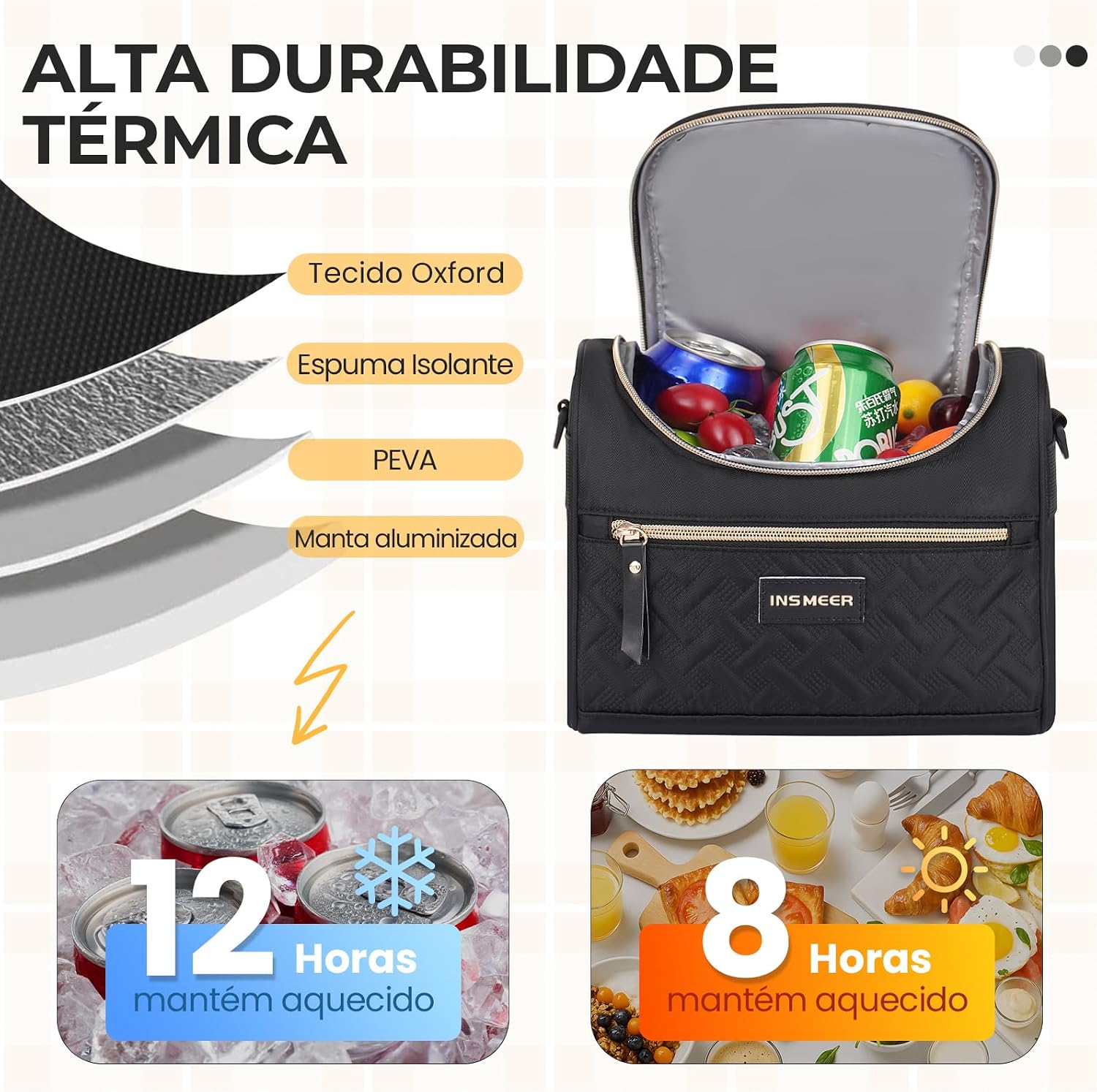 INSMEER Bolsa Termica Lancheira Marmita - 8L, Lancheira Térmica Impermeável, Leve e à Prova de Vazamentos, Alça Ajustável para Ombro, para Academia, Trabalho, Passeio, Praia - Unissex Premium (Preta) INSMEER Bolsa Termica Lancheira Marmita - 8L, Lancheira Térmica Impermeável, Leve e à Prova de Vazamentos, Alça Ajustável para Ombro, para Academia, Trabalho, Passeio, Praia - Unissex Premium (Preta)