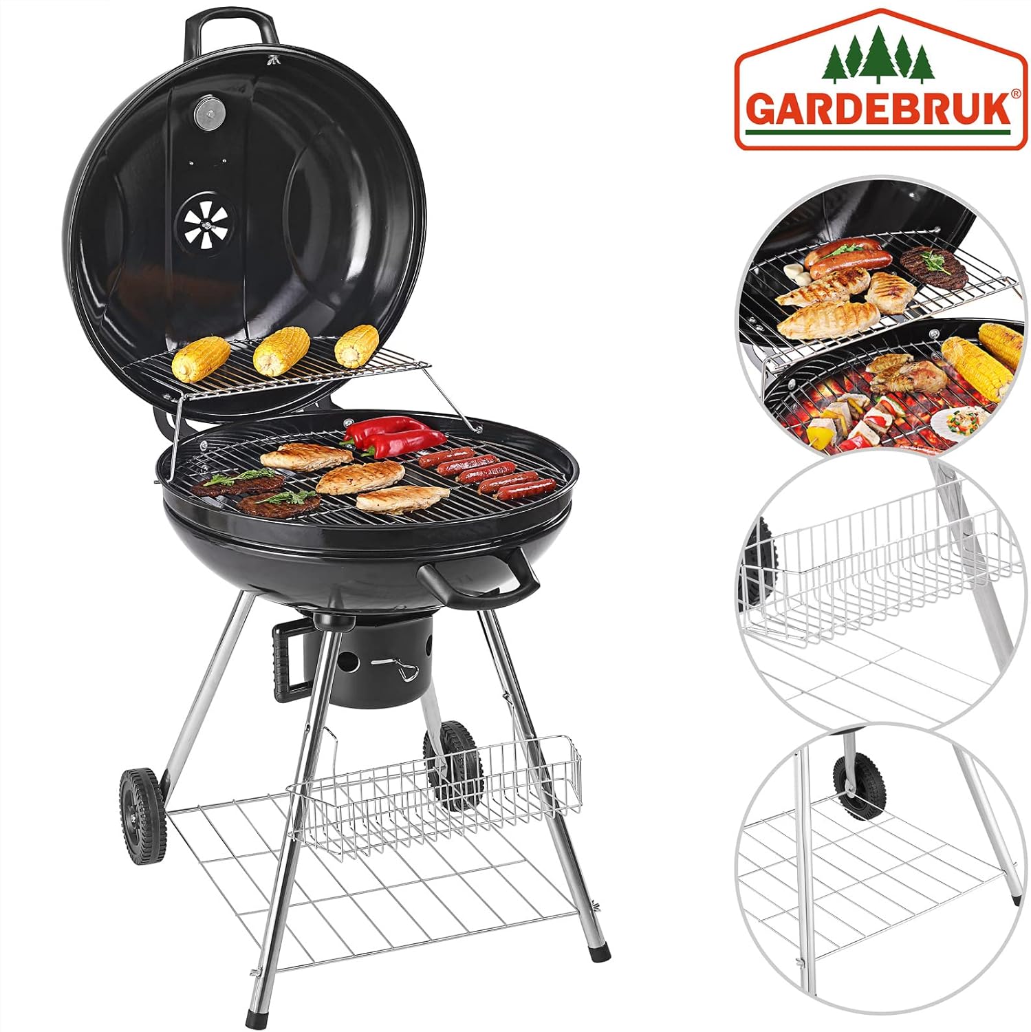 Gardebruk Barbecue a Carbonella Sferico Ø 54cm Grill con Coperchio Ventilato Termometro BBQ Picnic Gardebruk Barbecue a Carbonella Sferico Ø 54cm Grill con Coperchio Ventilato Termometro BBQ Picnic