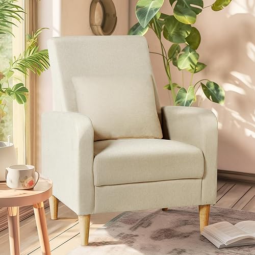 COLAMY Sillón tapizado moderno con almohada, silla auxiliar de lectura de tela, sofá individual con asiento de salón y patas de madera, color beige