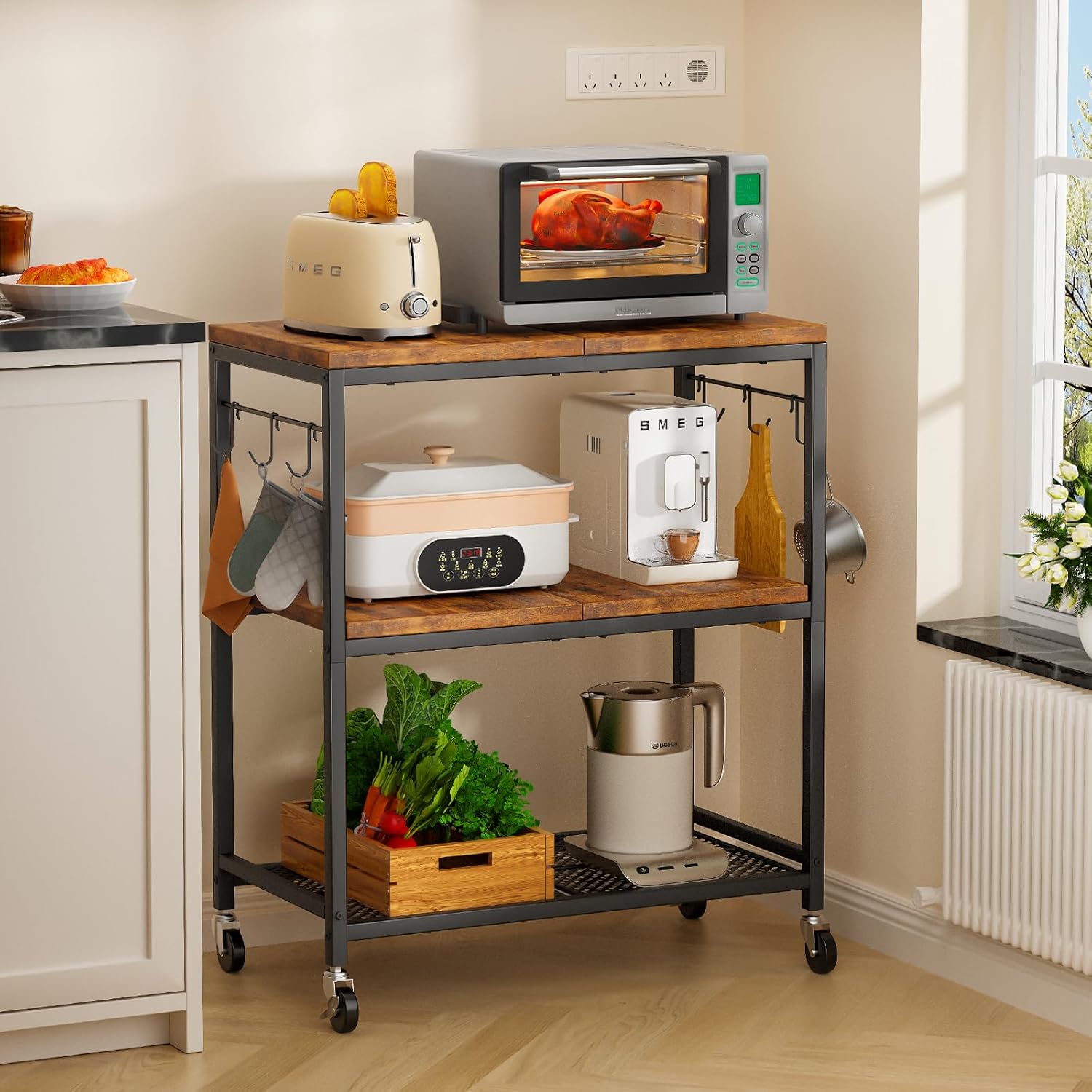 NEHAJUNXI 3-Tier Rolling Microwave Cart with 6 Hooks & Lockable Wheels - Kitchen Storage Organizer, Coffee Stand, Brown