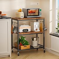 NEHAJUNXI 3-Tier Rolling Microwave Cart with 6 Hooks & Lockable Wheels - Kitchen Storage Organizer, Coffee Stand, Brown