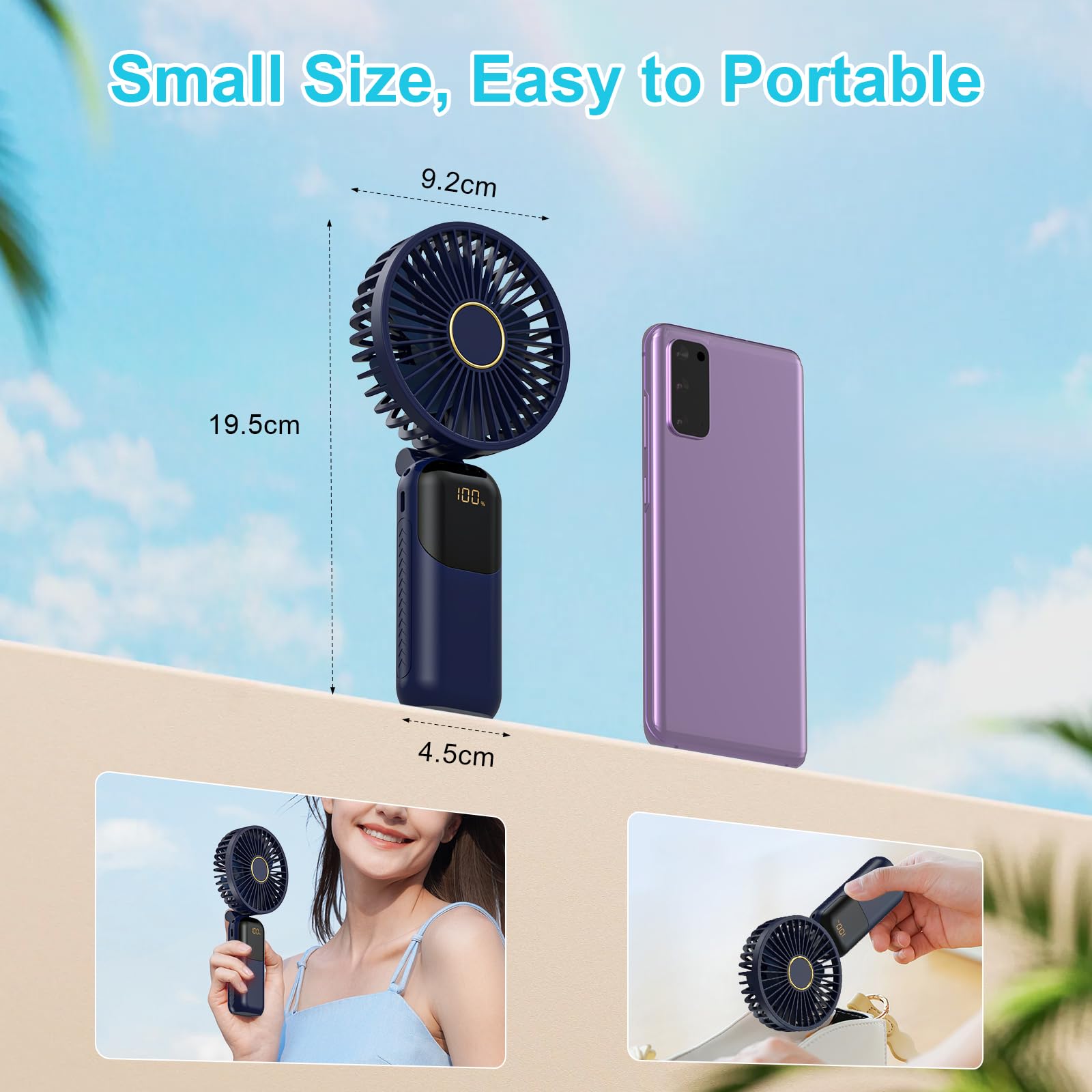 GIACOMO Mini Ventilatore Portatile,Ventilatore Portatile USB Ricaricabile，Ventilatore a Mano con 5 Livelli di Velocità, Batteria da 5000 mAh, Ventilatore Pieghevole per Ufficio, All'aperto（Blu）