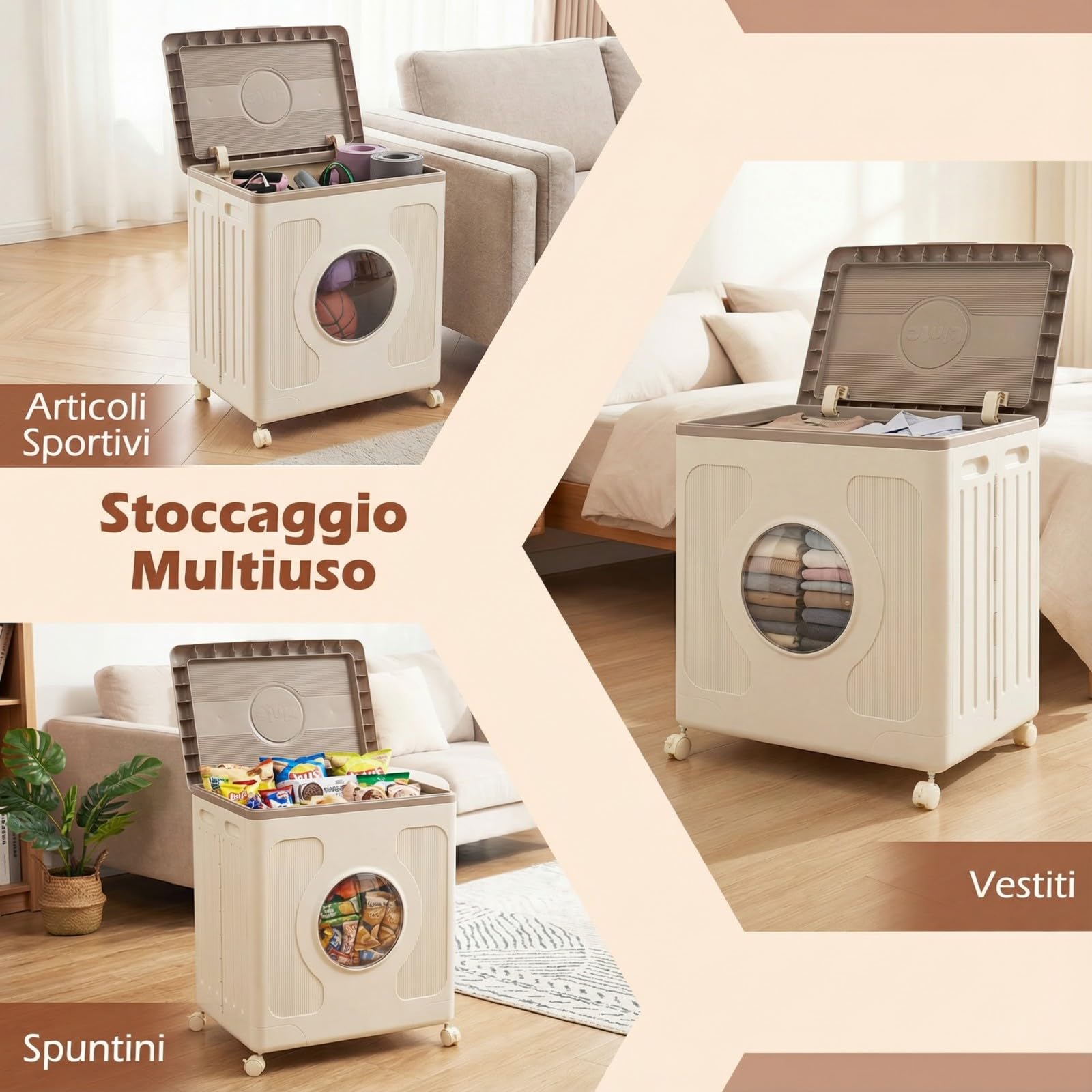 COSTWAY 45 L Scatola di Stoccaggio con Coperchio e Ruote, Contenitore per Bucato con Finestra Trasparente per Vestiti, Organizer Portatile in Plastica per Casa, Palestra e Camera da Letto (Grigio)