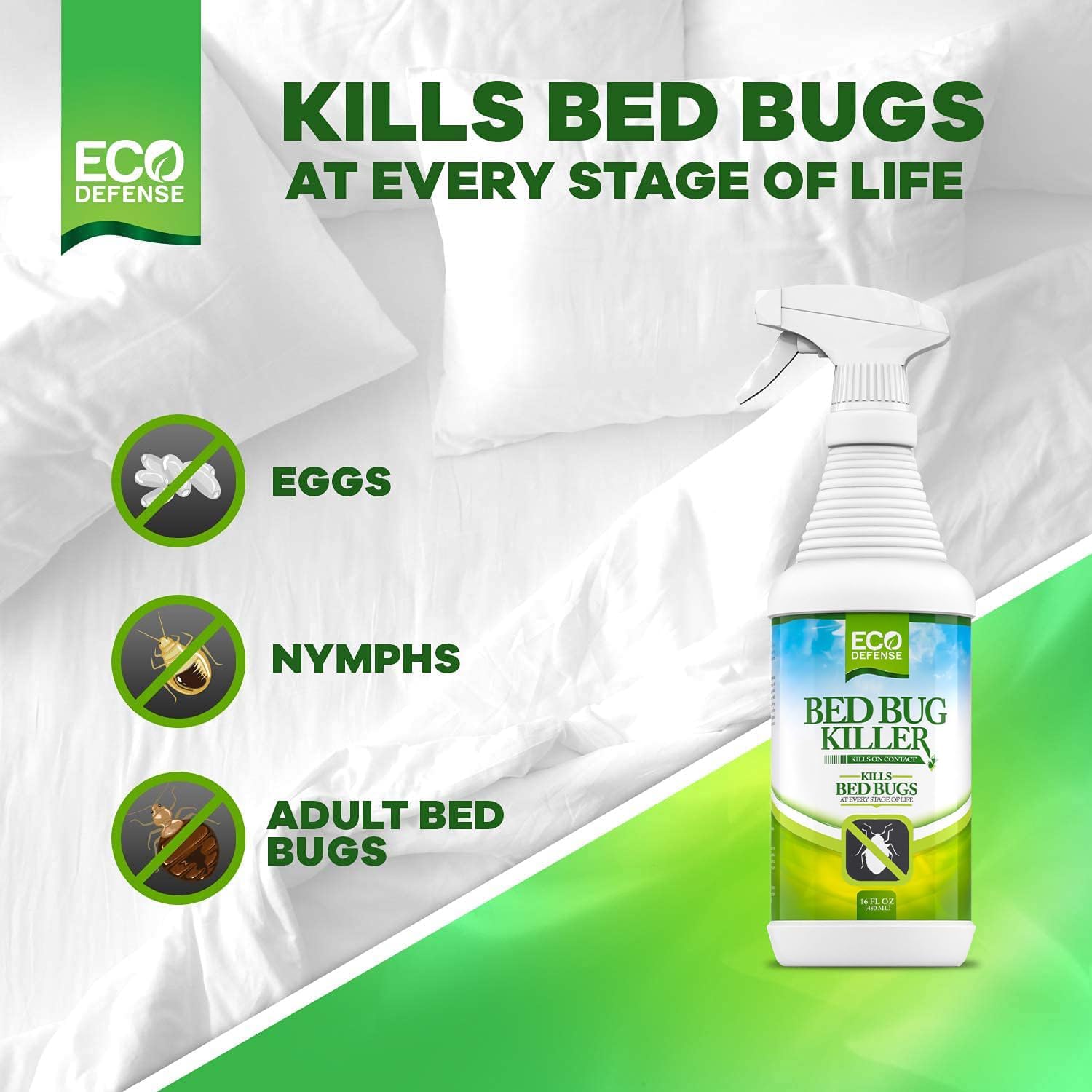 Eco Defense Bed Bug Killer - Bed Bug Spray & Dust Mite Spray - Natural Treatment - 16 Oz (Pack of 2)