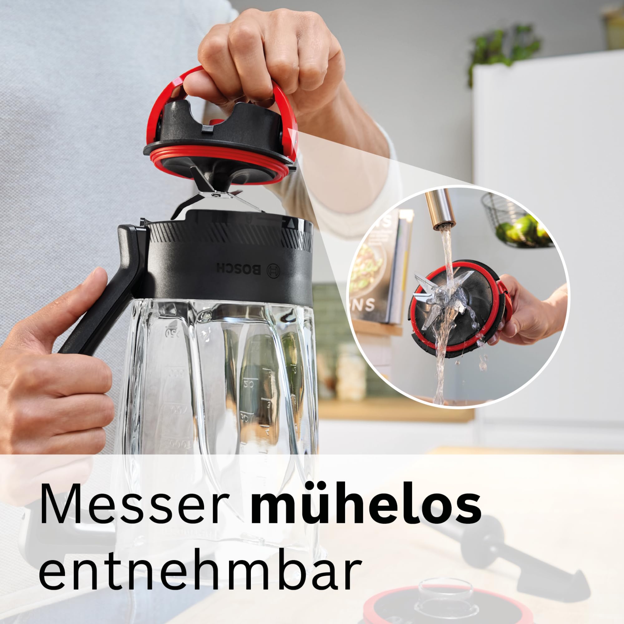 Bosch Mixer MUZS6MX, Zubehör passend für Küchenmaschine Serie 6, Smoothie Maker, Glas, 1,5l, hitzebeständig, kältebeständig, spülmaschinenfest, mit Stopfer