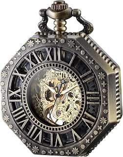 BOSHIYA Mechanical Pocket Watch Luminous Steampunk Vintage Pocket Watch/with Chains/Hand Wind Up/Black Skeleton/Dial Roman Numberals…