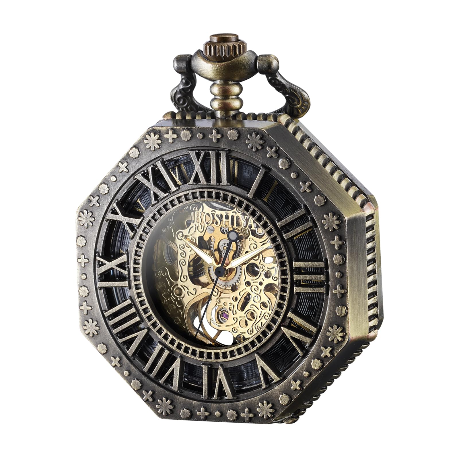 BOSHIYA Mechanical Pocket Watch Luminous Steampunk Vintage Pocket Watch/with Chains/Hand Wind Up/Black Skeleton/Dial Roman Numberals…, Octagon-Bronze, Retro (B0CBK99656) Amazon Price History, Amazon Price Tracker