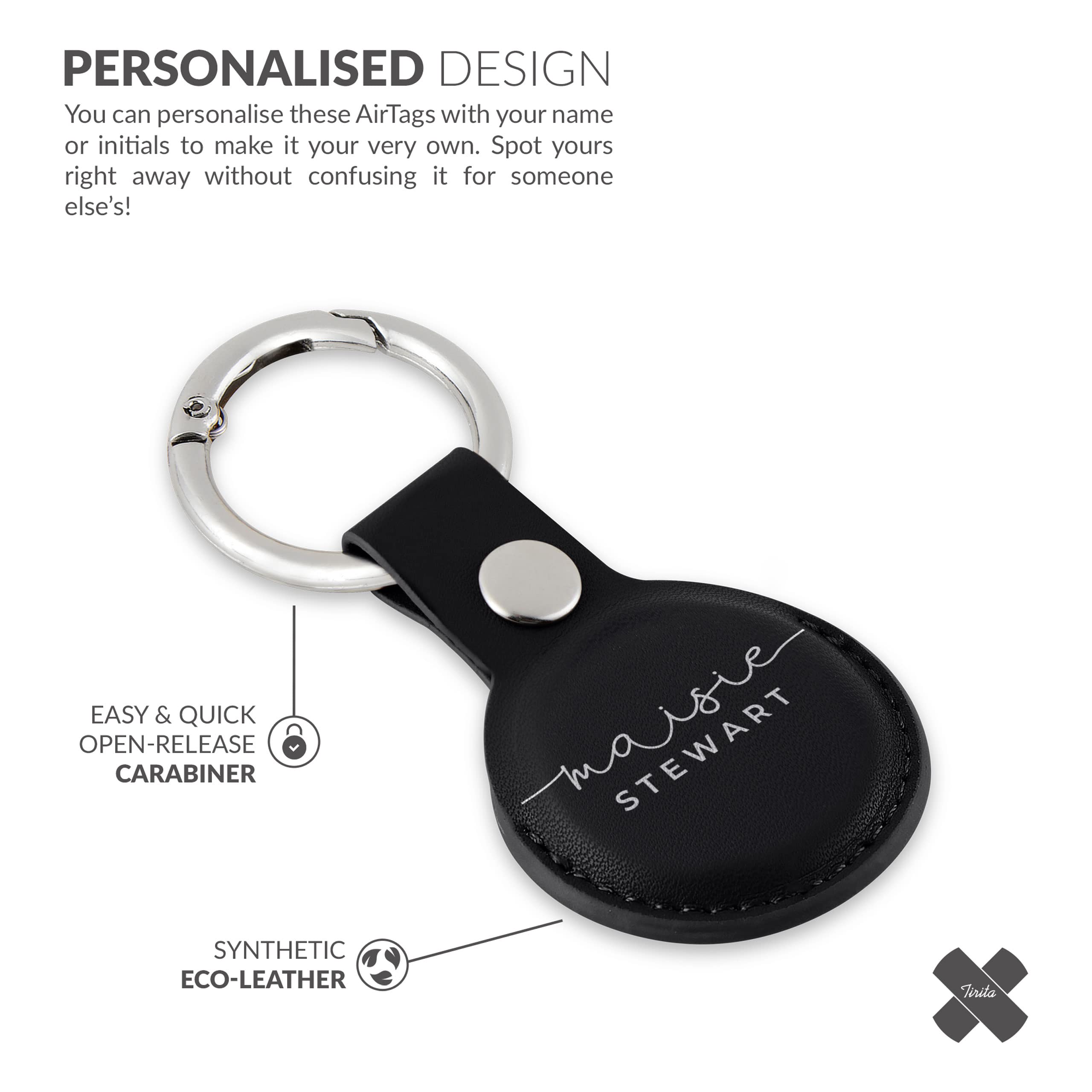 Tirita Personalised Case Keyring Holder Compatible with Apple AirTag 1 & 2 - Leather Case with Key Ring for Apple Air Tag [01- Name Handwritten on Black] — view 5