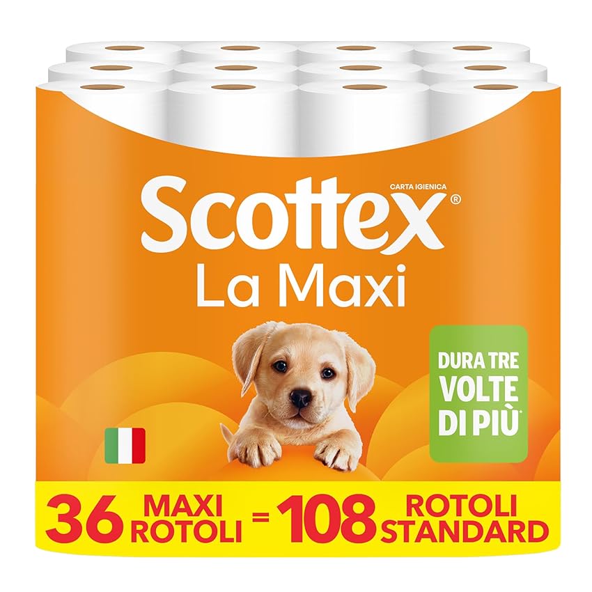 Scottex Carta Igienica La Maxi, Rotoli di Carta Igienica a Durata Tripla, Extra Morbidi e Assorbenti, con Trama 3D, 36 Maxi Rotoli da 500 Strappi (18,000 Strappi)