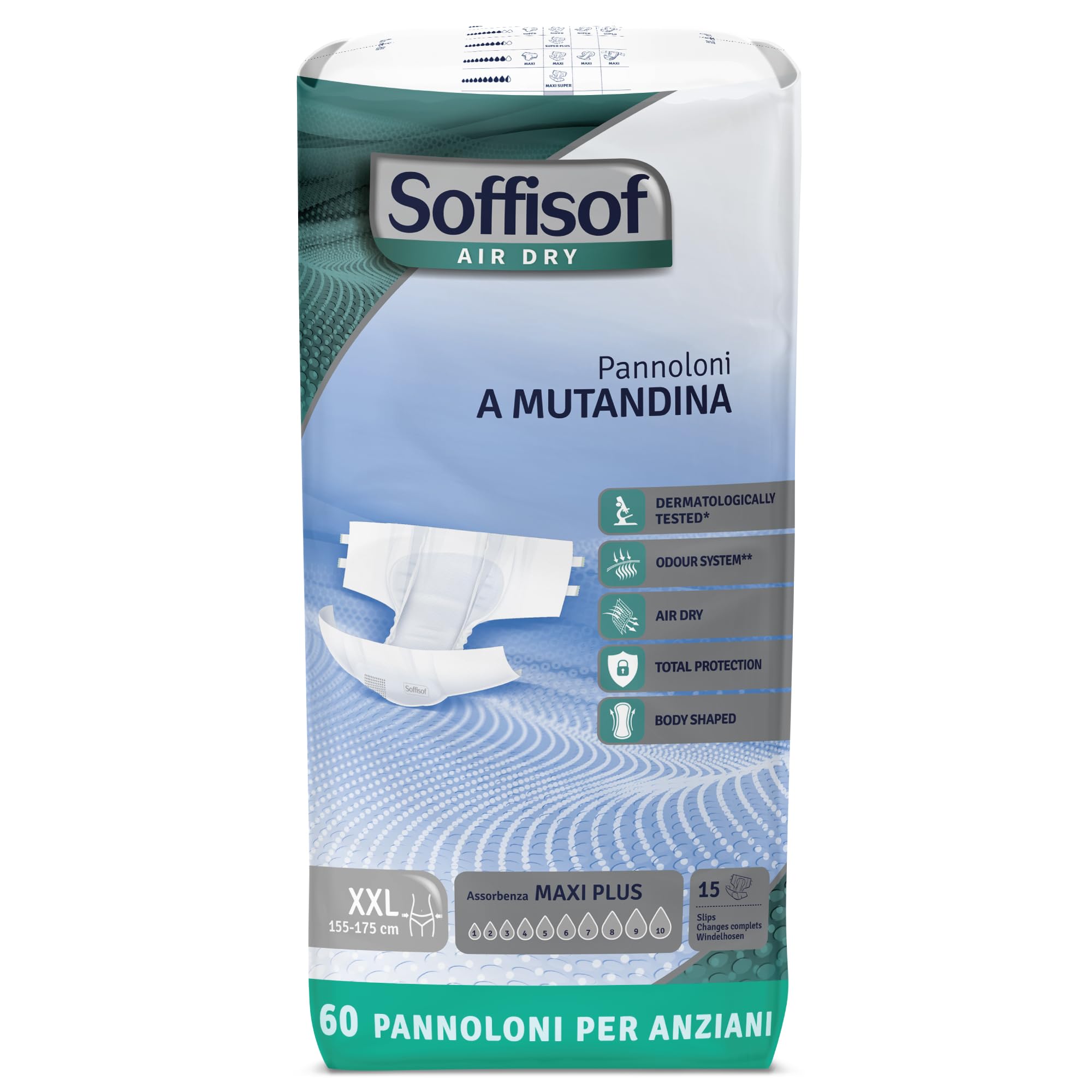 Soffisof Air Dry Pañales Adultos Maxi Plus XXL - 60x Pañales Adultos Maxima Absorcion Hasta 10 Gotas - 4 Paquetes de 15 Unidades - Incontinencia Hombre y Mujer