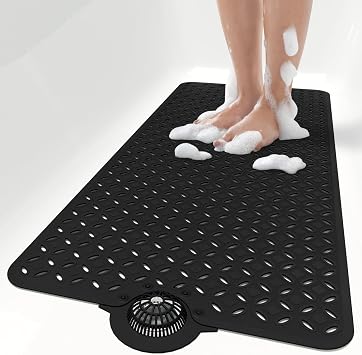 OTHWAY Bath Mat for Tub Non Slip 39" X 17" Long Bathtub Mat with Hair CatcherBig Drain Holes Shower Mats for Inside ShowerMachine Washable Black