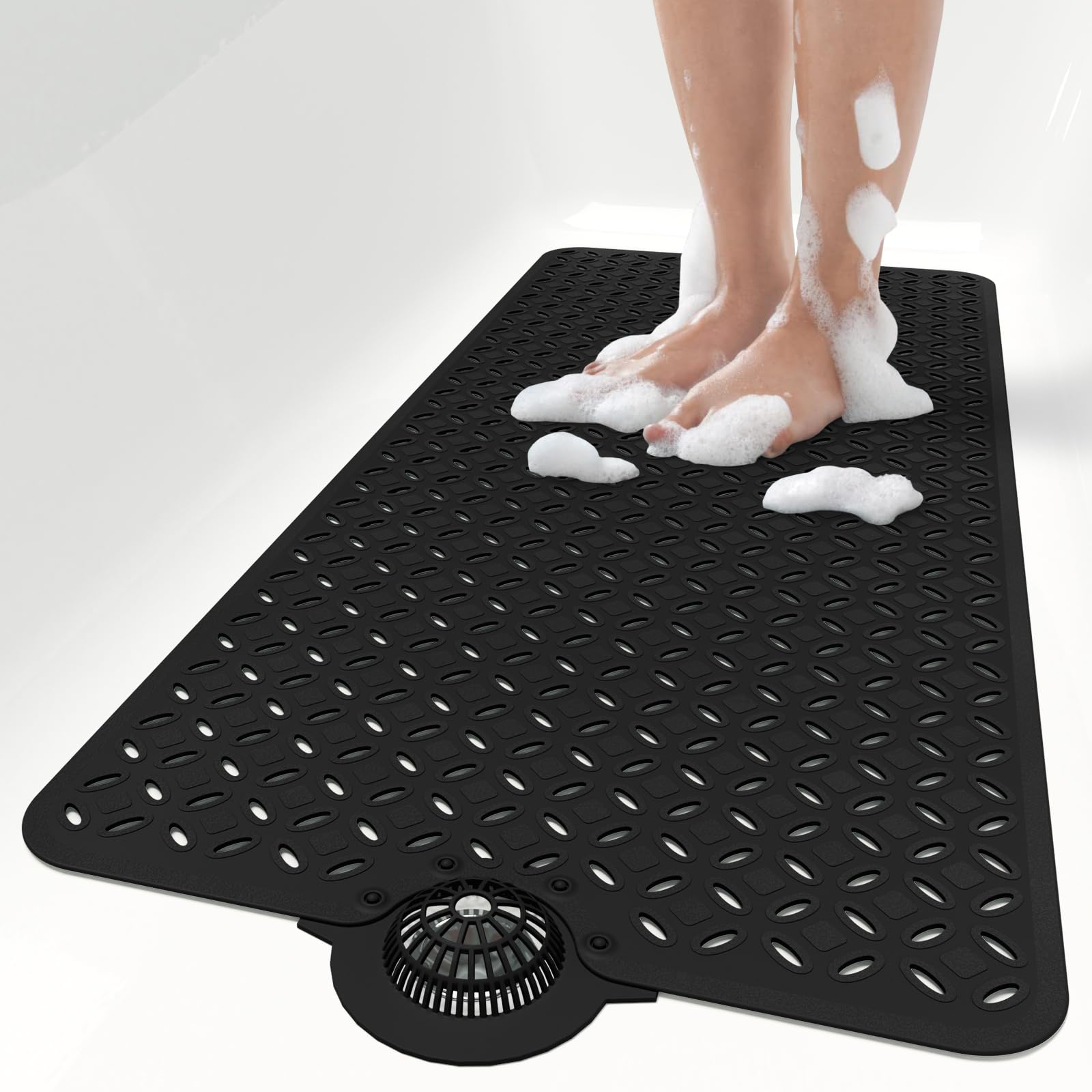 Photo 1 of OTHWAY Bath Mat for Tub Non Slip: 39" X 17" Long Bathtub Mat with Hair Catcher?Big Drain Holes Shower Mats for Inside Shower?Machine Washable (Black)