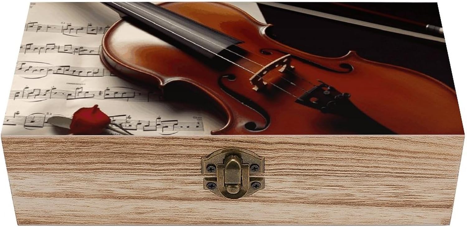 Wooden Storage Box Violin Sheet Music Wood Gift Box with Hinged Lid Vintage Decorative Jewelry Boxes Memory Box for Jewelry Art Hobbies Home Storage Treasure Keepsake Gift 7.9''x3.9''x2.3''