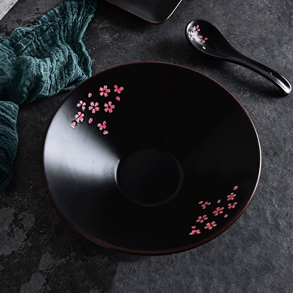 Czarne ceramiczne sztućce, japońska miska na zupę ramen, miska na sałatkę z owocami, miski na płatki śniadaniowe i makaron 25 cm