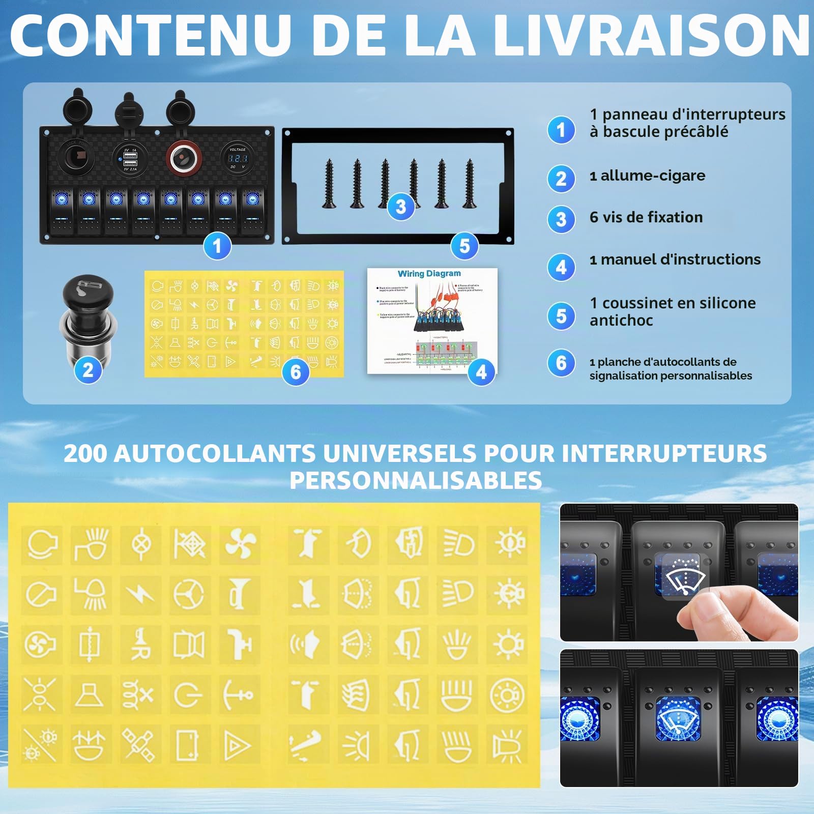 Geloo Panneau d'interrupteur à Bascule à 8 Interrupteurs Étanche 12 V/24 V Affichage Numérique de la Tension Double port USB Chargeur pour Camping-car, Bateaux, Voitures - Bleu