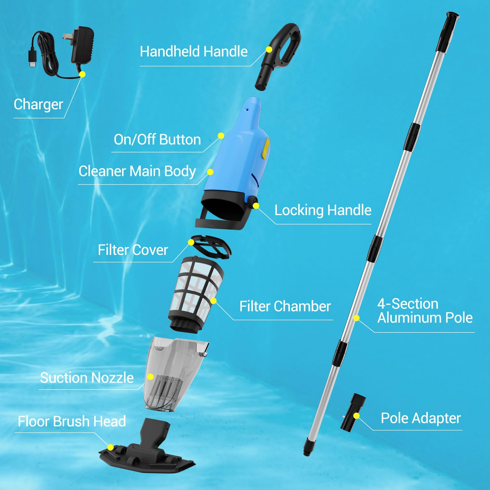 Aspirapolvere per piscina fuori terra - 60 minuti di autonomia e palo in alluminio a 4 sezioni, aspirazione potente, detergente per piscina ricaricabile portatile leggero senza fili con