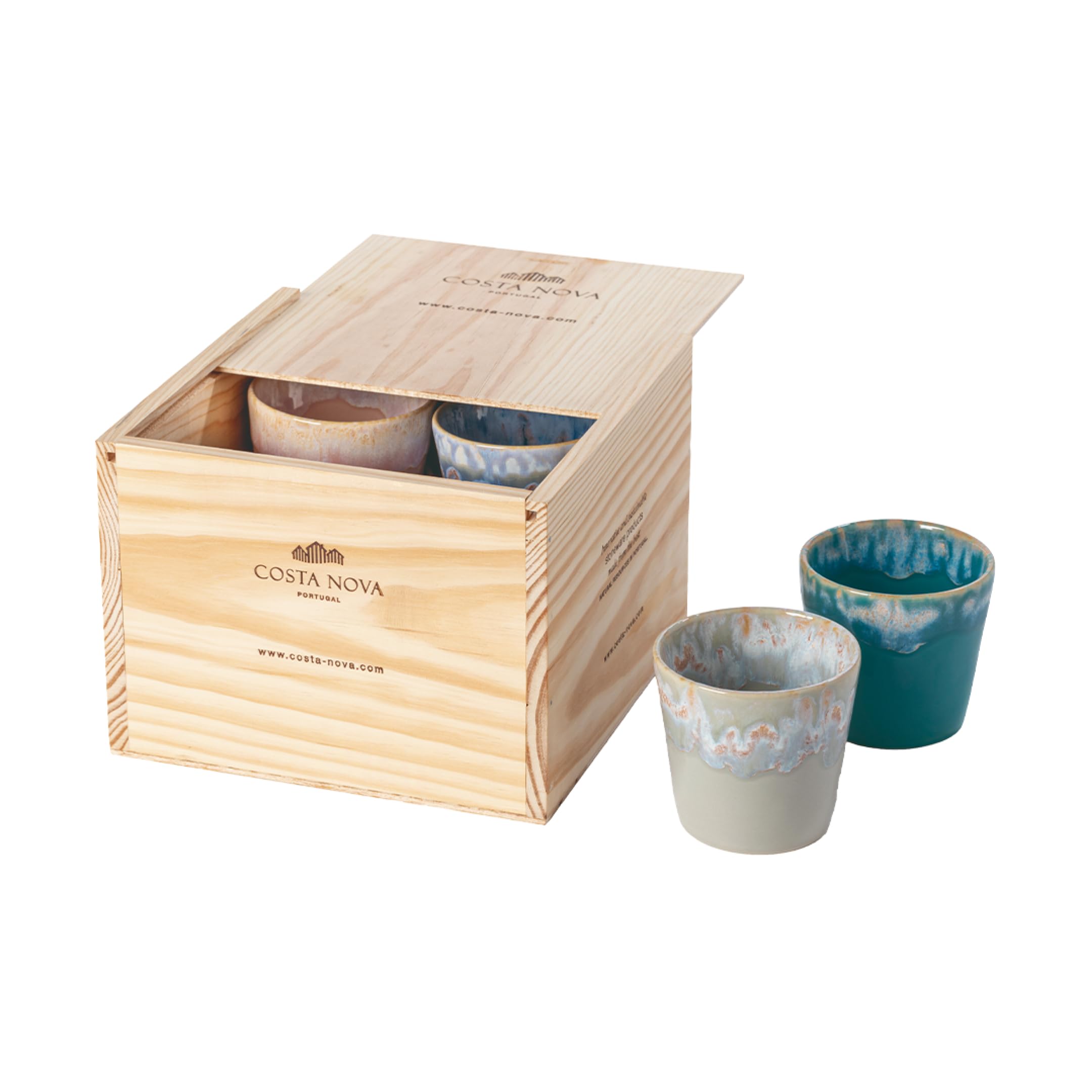 Costa Nova caja regalo Grespresso: 8 tazas de expreso de gres fino con esmalte reactivo, apilables, acabadas a mano, en elegante caja de madera, aptas para lavavajillas, multicolor, ⌀ 6,5 cm