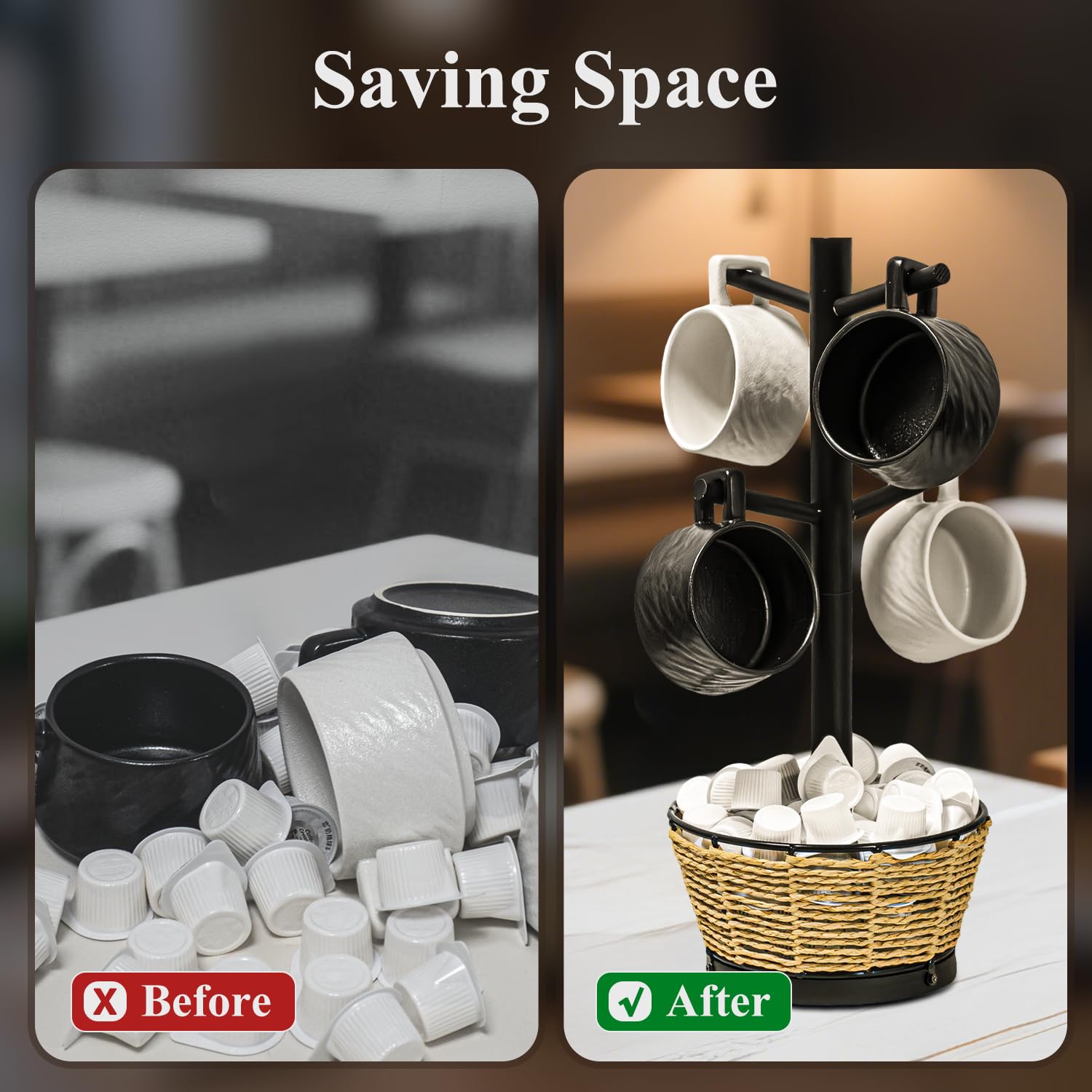 Soporte para tazas de madera con cesta tejida, 6 ganchos, soporte para tazas de café, árbol de taza de encimera para encimera de cocina, gabinete, accesorios de cafetería, organizador de exhibición de