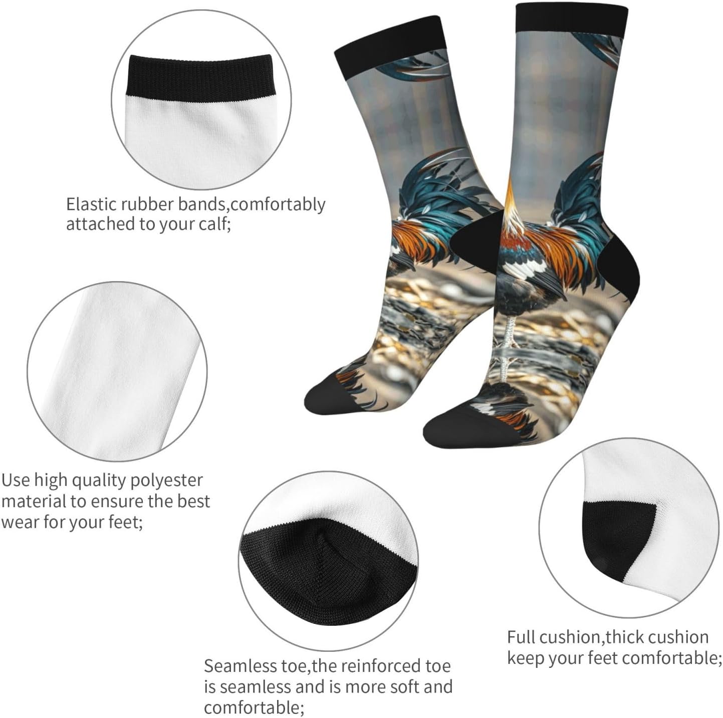 Calf Socks Casual Above Ankle Sock Old Rooster IllustrationCrew Socks for Men Women Moisture Wicking Cushion Sports