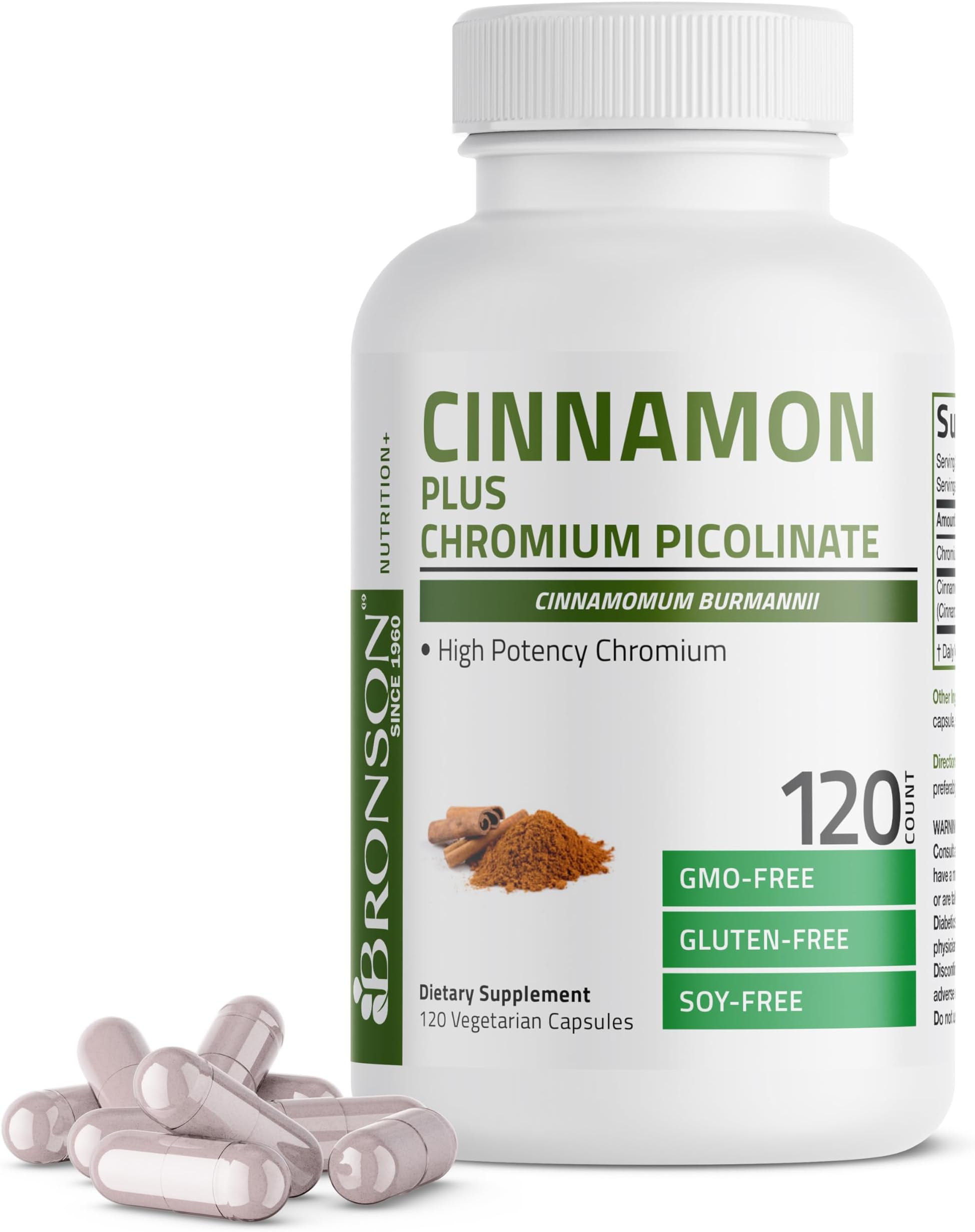Cinnamon Plus Chromium Picolinate Supplement, High Potency Chromium, Non-GMO, 120 Vegetarian Capsules