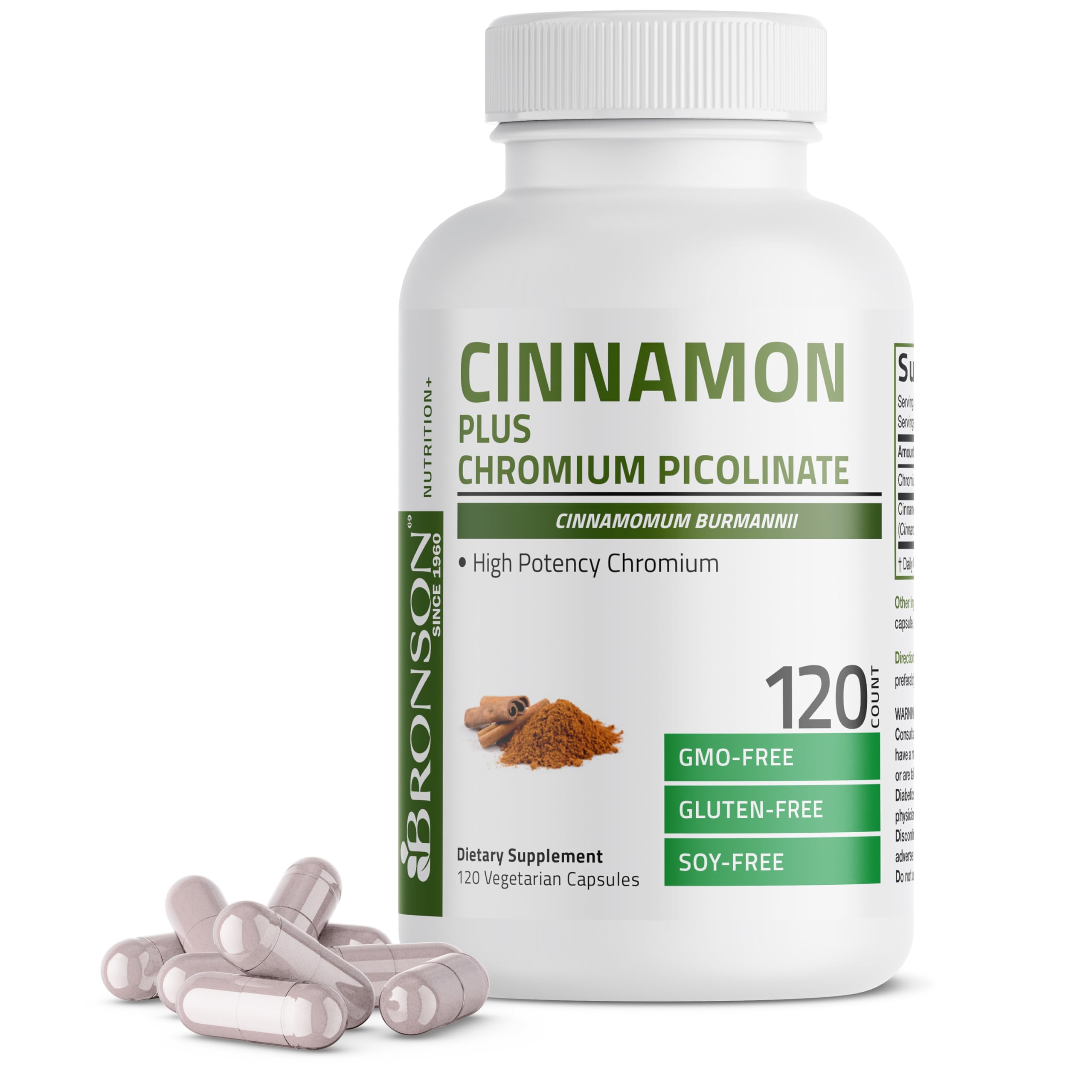 Bronson Cinnamon Plus Chromium Picolinate Supplement, High Potency Chromium, Non-GMO, 120 Vegetarian Capsules