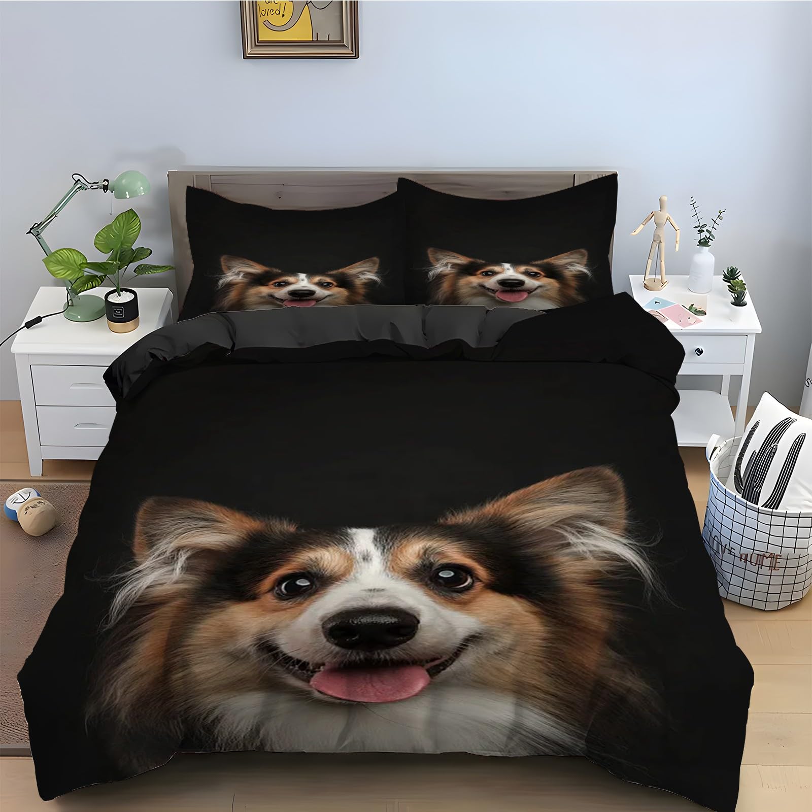 Parure de Lit Noir Corgi Housse de Couette 160x200 cm pour une Chambre Cosy et Amusante