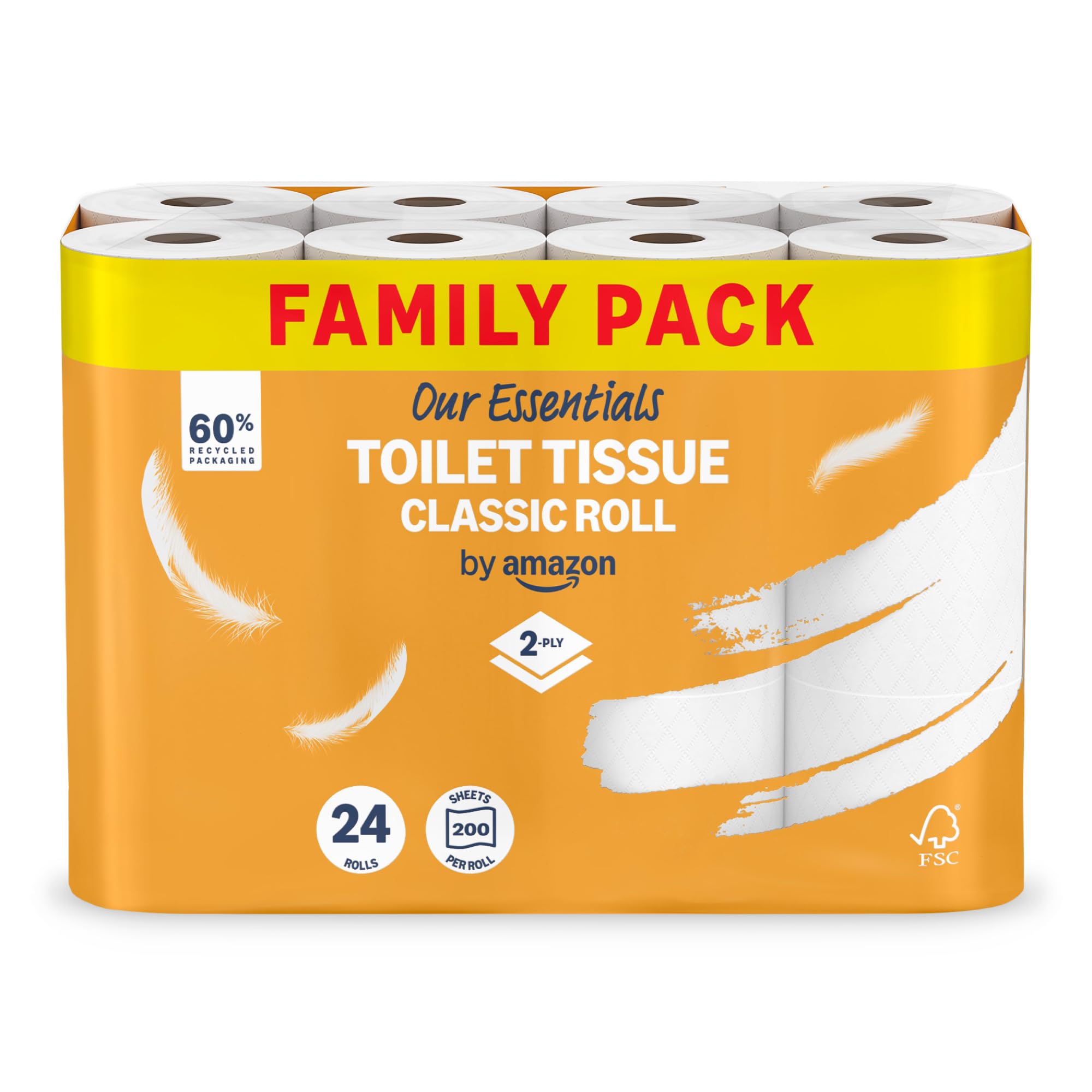 Our Essentials by Amazon Toilet Tissue Classic Roll, 2-ply, 24 Rolls (1 Pack of 24), 200 Sheets per Roll