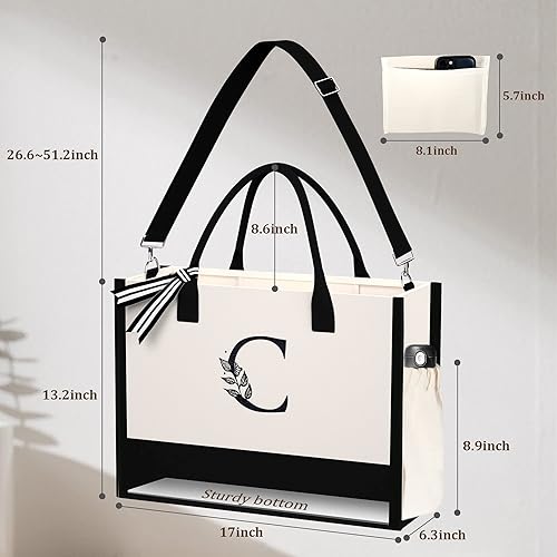 Miniatura 7 de Bolsa de mano con inicial con cremallera y bolsillos, regalos de cumpleaños para mujeres, bolsa de playa de lona con soporte inferior, bolsa de