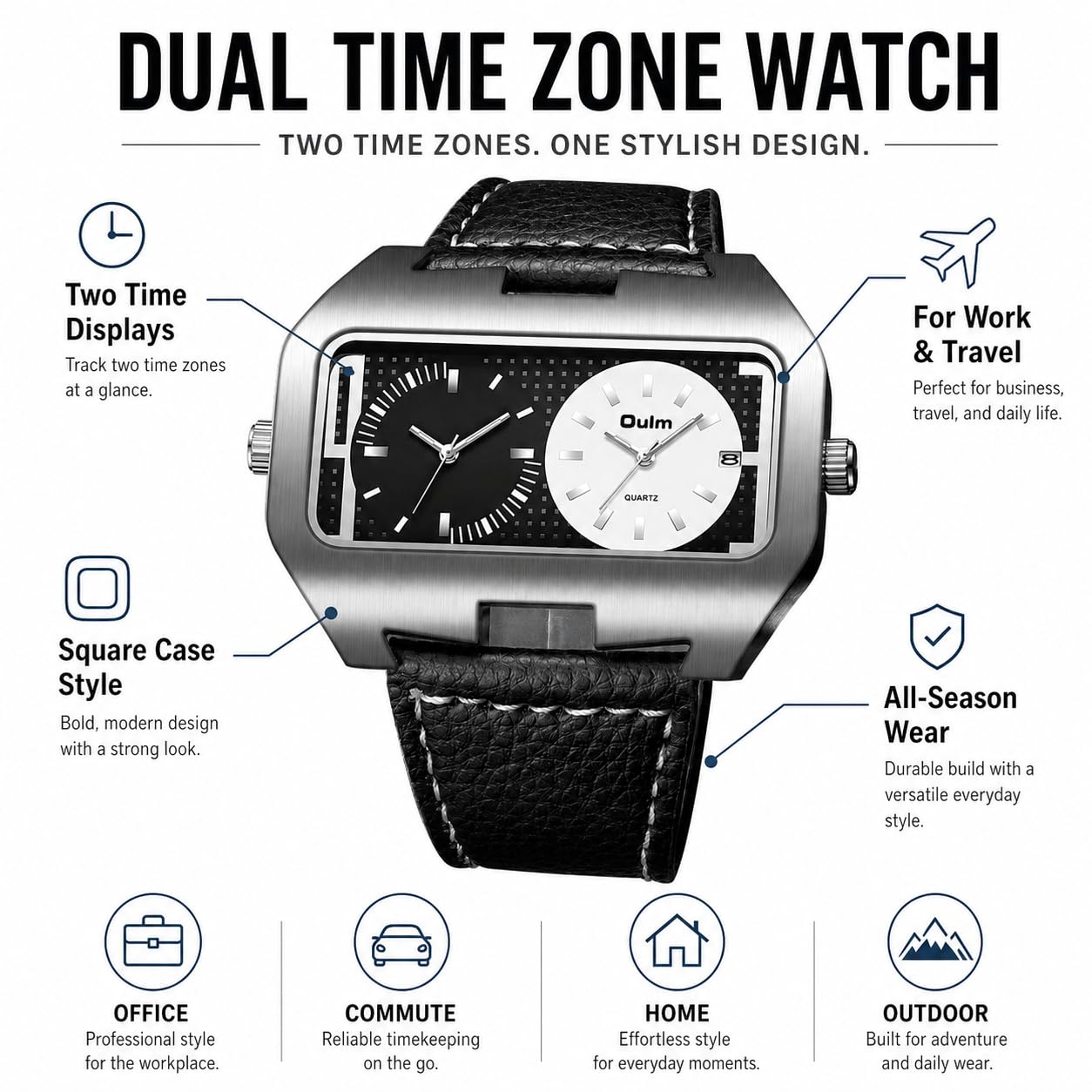 OIDEA Reloj de cuarzo con fecha de doble hora, esfera cuadrada grande