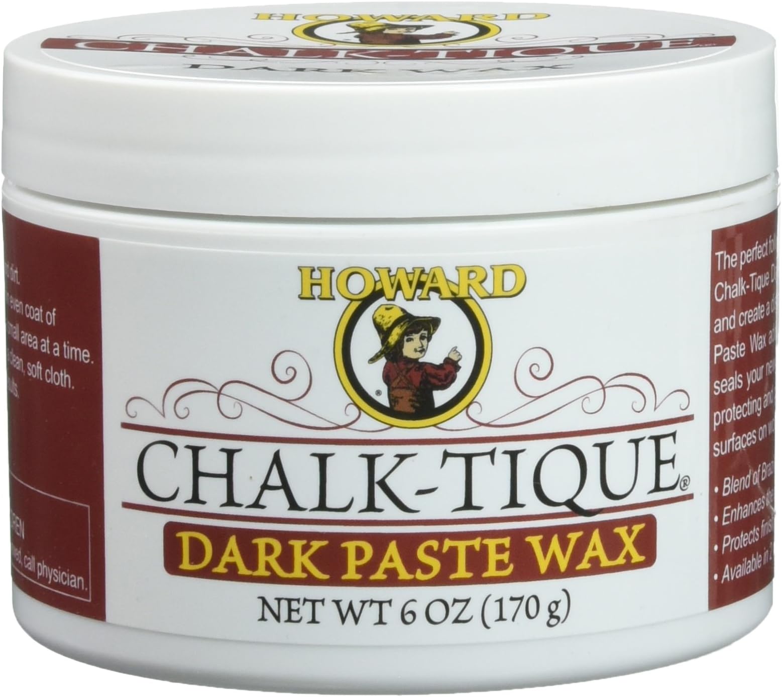 Howard Products Chalk-Tique Dark Paste Wax for Wood - Dark Chalk Paint Polish, Beeswax Wood Polish - Enhance and Distress Home Décor - 6 oz