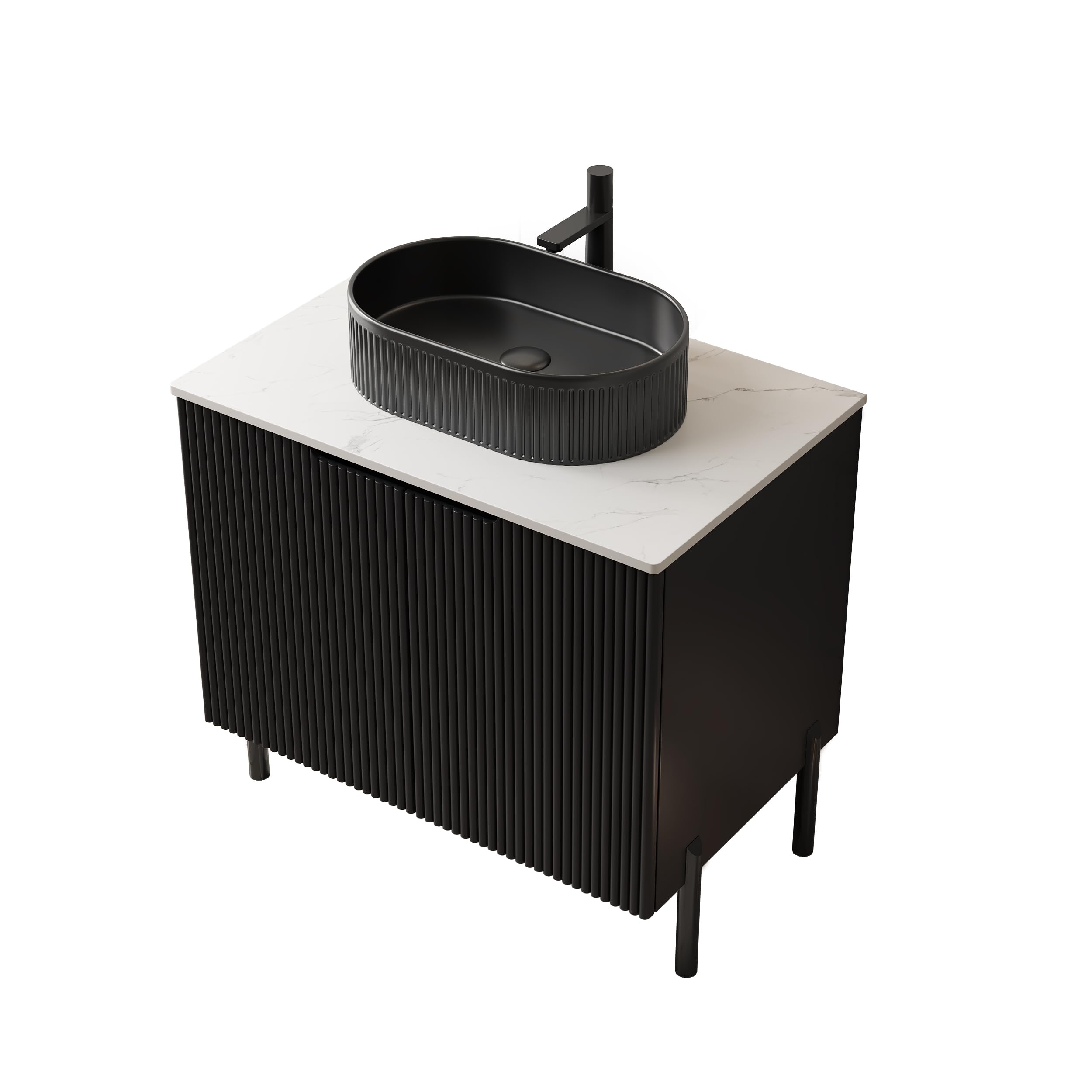 HaoChrymec Mobile Lavabo Bagno Freestanding con Ceramica e Pietra Sinterizzata, Ante Doppie con Chiusura Soft Close, Mobile Bagno da Terra, Lavabo Ovale, Adatto a Bagno e Toilette, Nero, 76x48x88 cm
